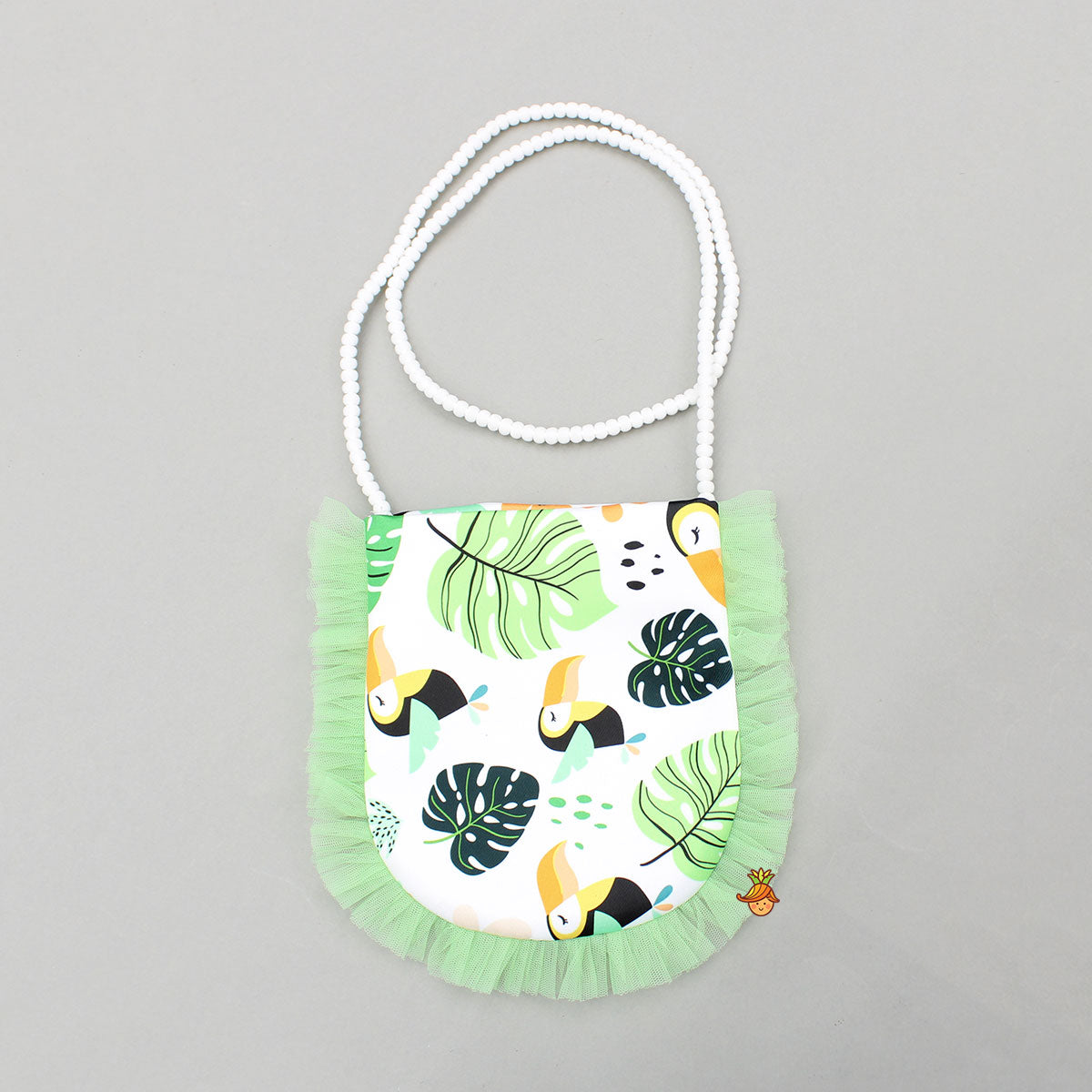 Bird Printed White Frilly Dress With Matching Sling Bag