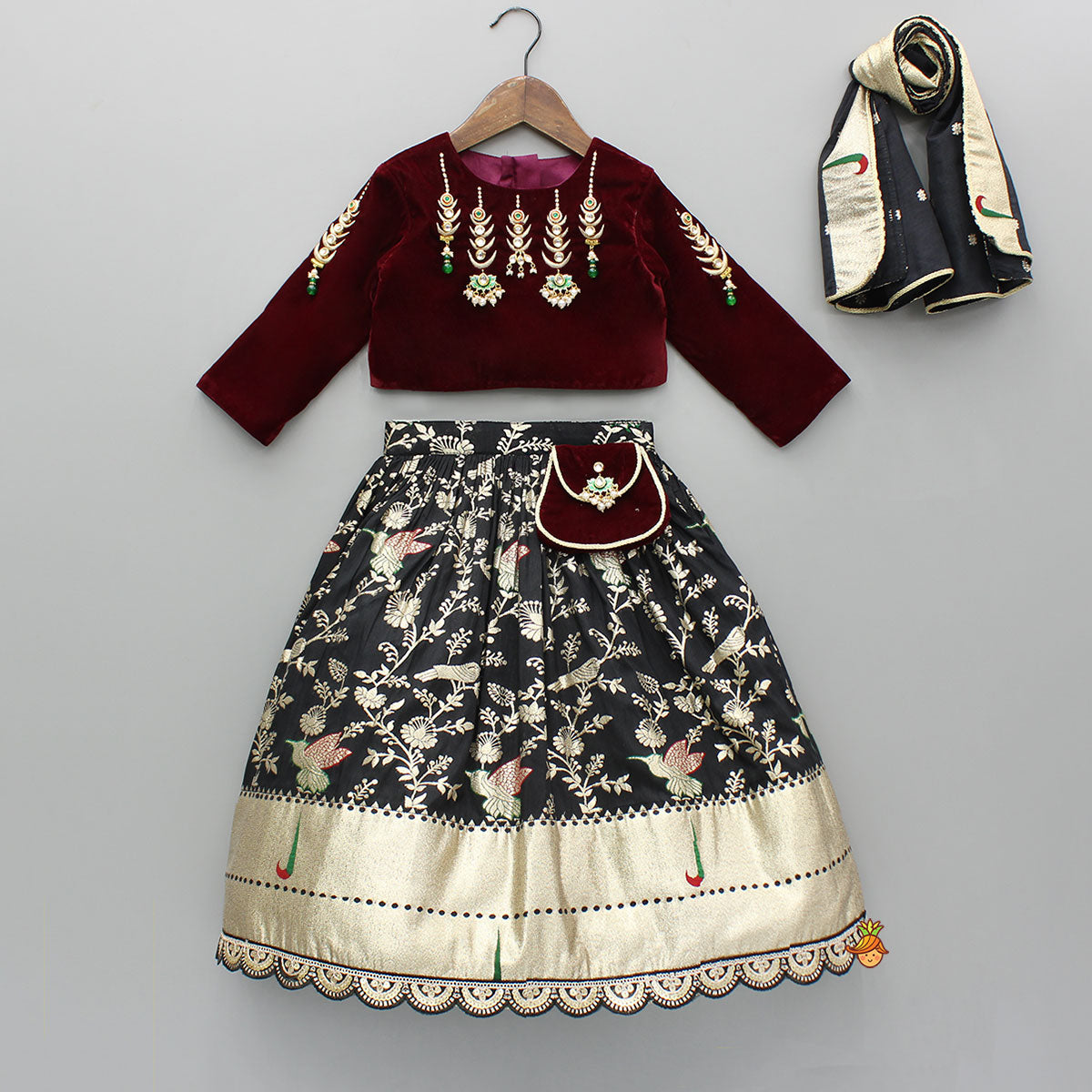 Pre Order: Velvet Embroidered Embellished Top With Lehenga And Dupatta