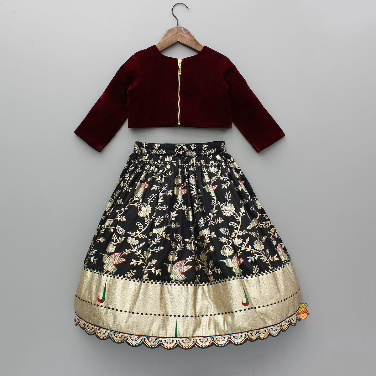 Pre Order: Velvet Embroidered Embellished Top With Lehenga And Dupatta