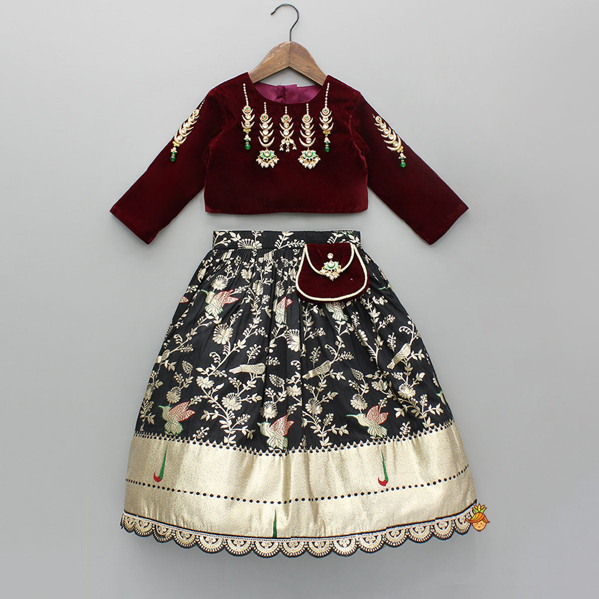 Pre Order: Velvet Embroidered Embellished Top With Lehenga And Dupatta