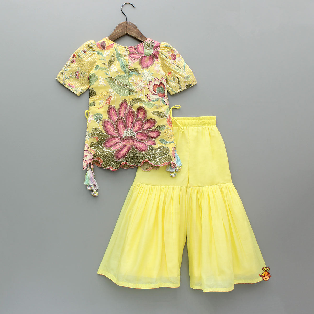 Pre Order: Yellow Floral Embroidered Kurti And Sharara