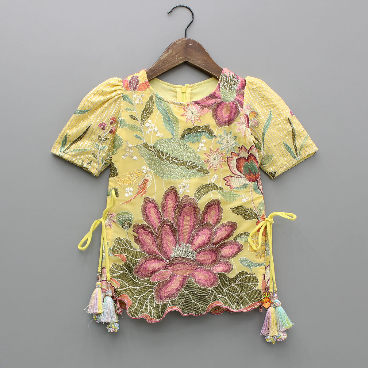 Pre Order: Yellow Floral Embroidered Kurti And Sharara