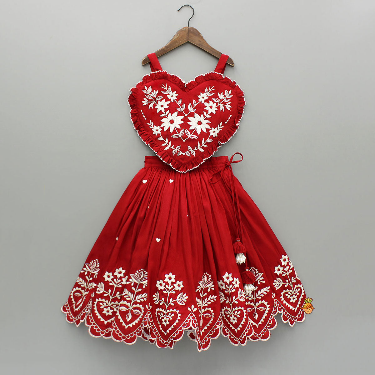 Pre Order: Red Embroidered Heart Shaped Stylish Top And Lehenga