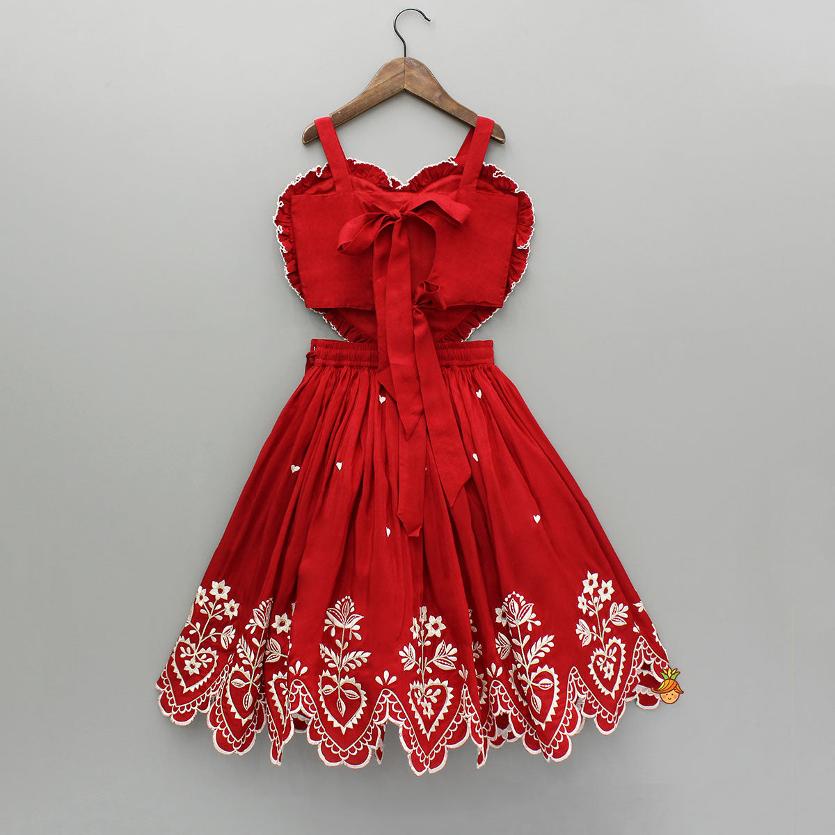 Pre Order: Red Embroidered Heart Shaped Stylish Top And Lehenga