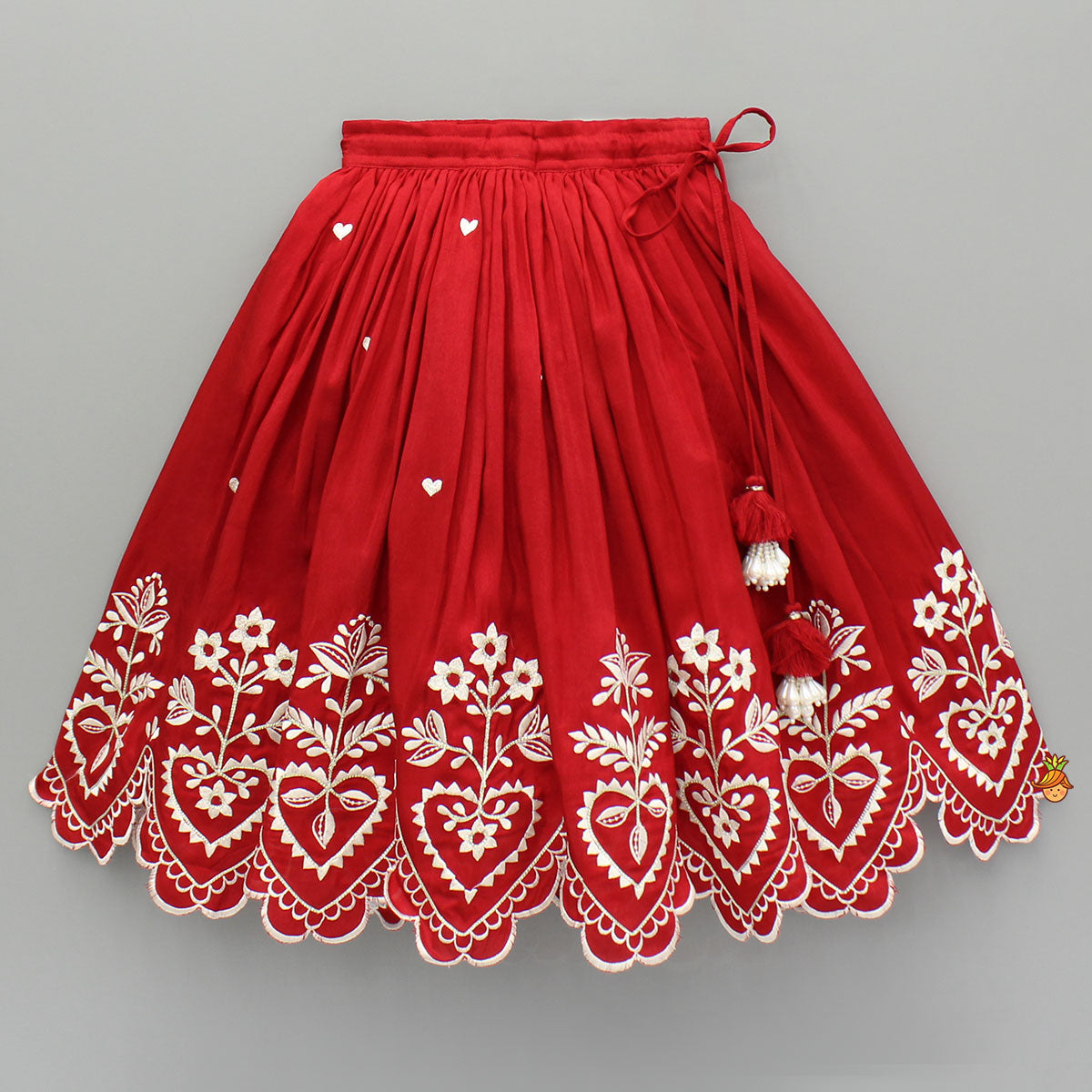 Pre Order: Red Embroidered Heart Shaped Stylish Top And Lehenga