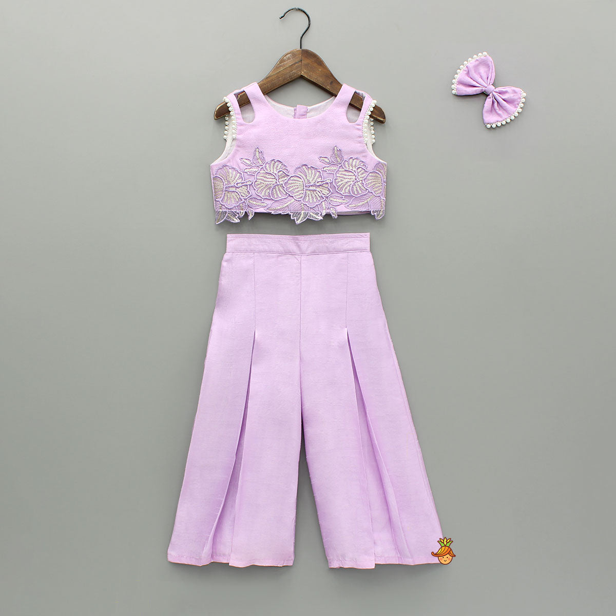 Pre Order: Lavender Embroidered Top And Pleated Palazzo With Matching Bow Hair Clip