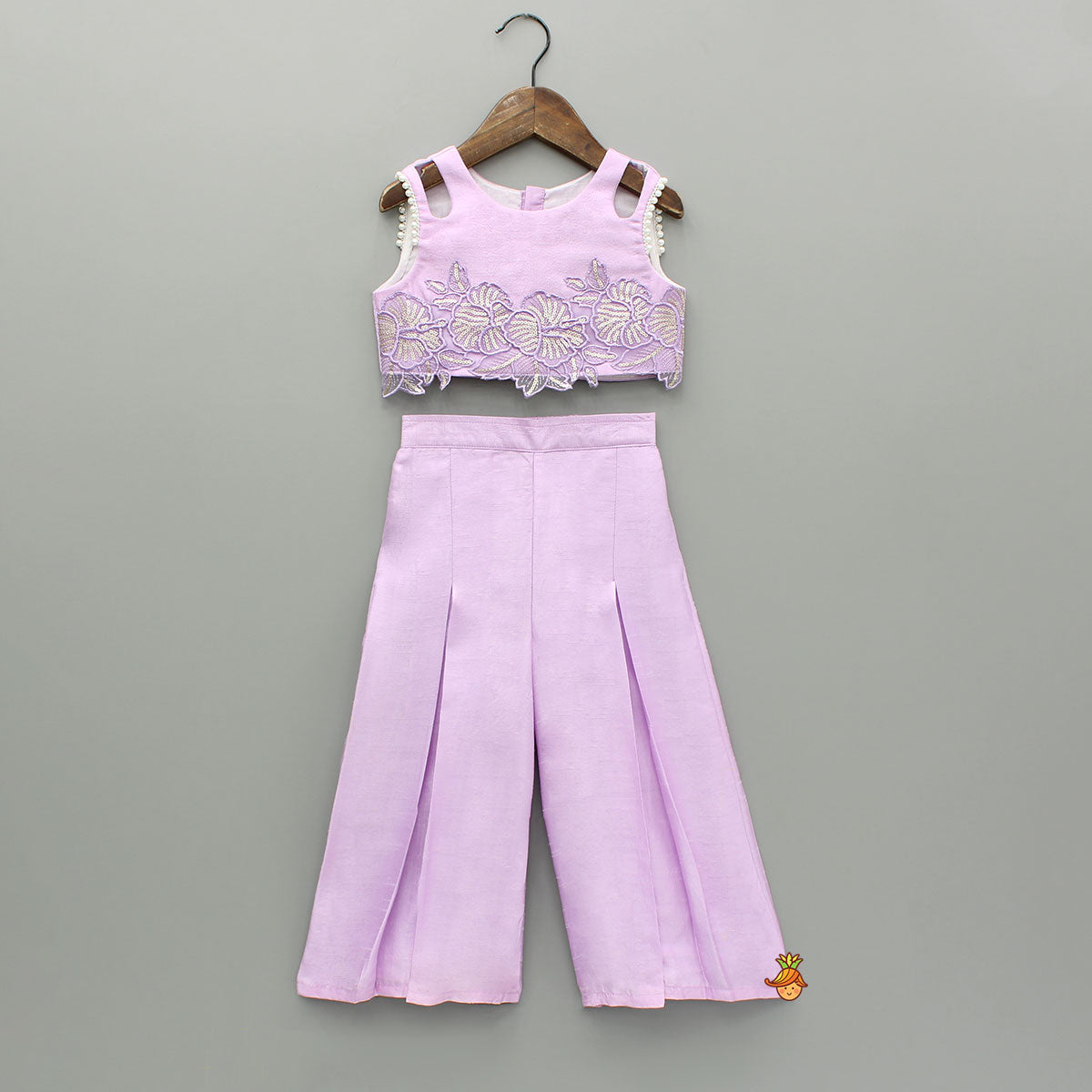 Pre Order: Lavender Embroidered Top And Pleated Palazzo With Matching Bow Hair Clip