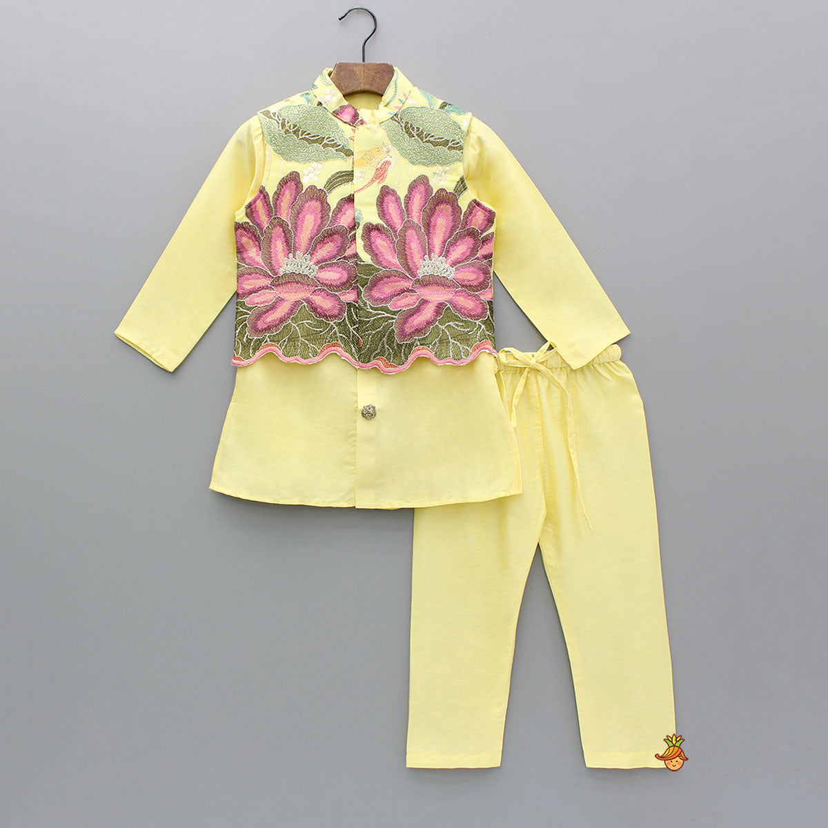 Pre Order: Yellow Kurta And Floral Embroidered Jacket With Pyjama