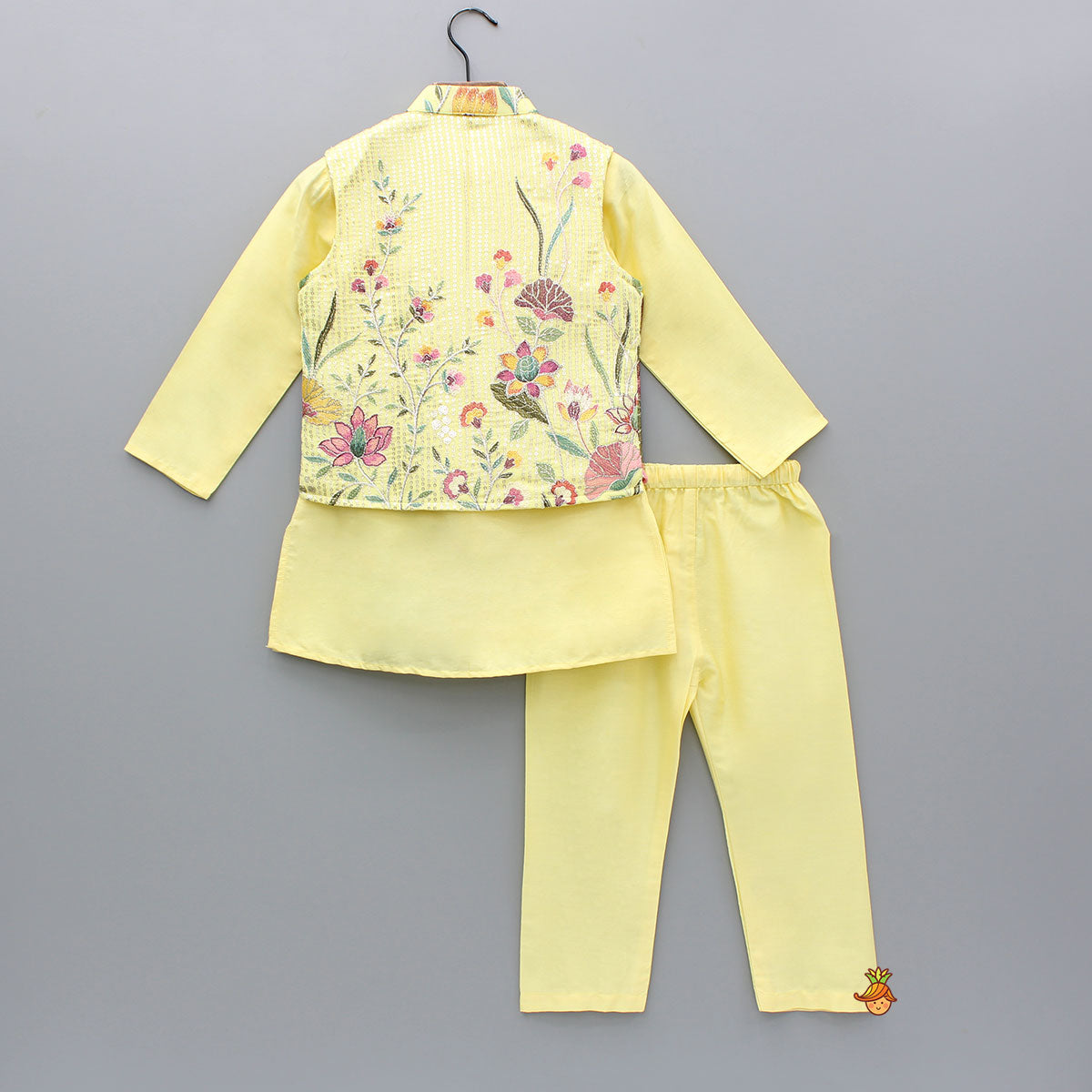 Pre Order: Yellow Kurta And Floral Embroidered Jacket With Pyjama