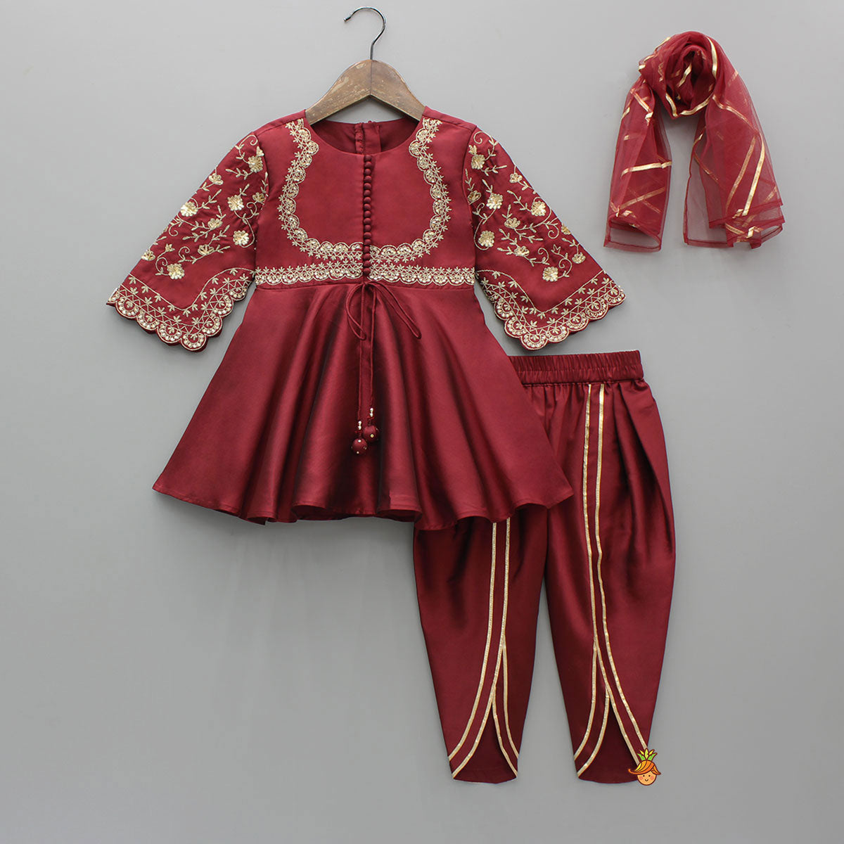 Pre Order: Maroon Embroidered Kurti And Tulip Dhoti