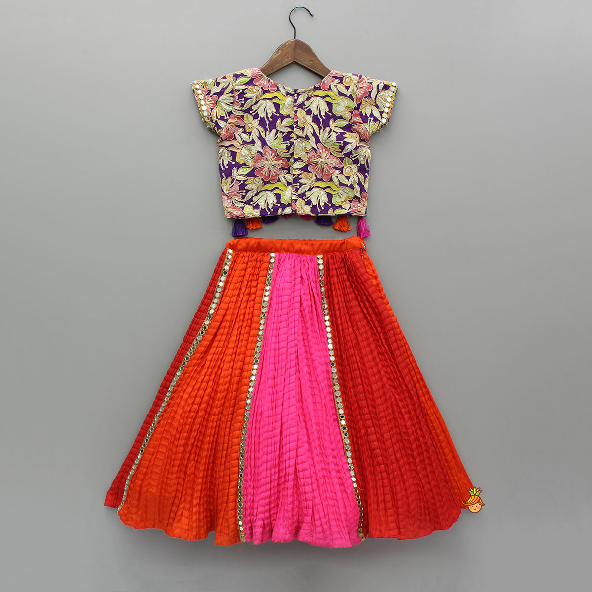 Pre Order: Multicolour Printed Embroidered Top And Colour Block Lehenga With Dupatta