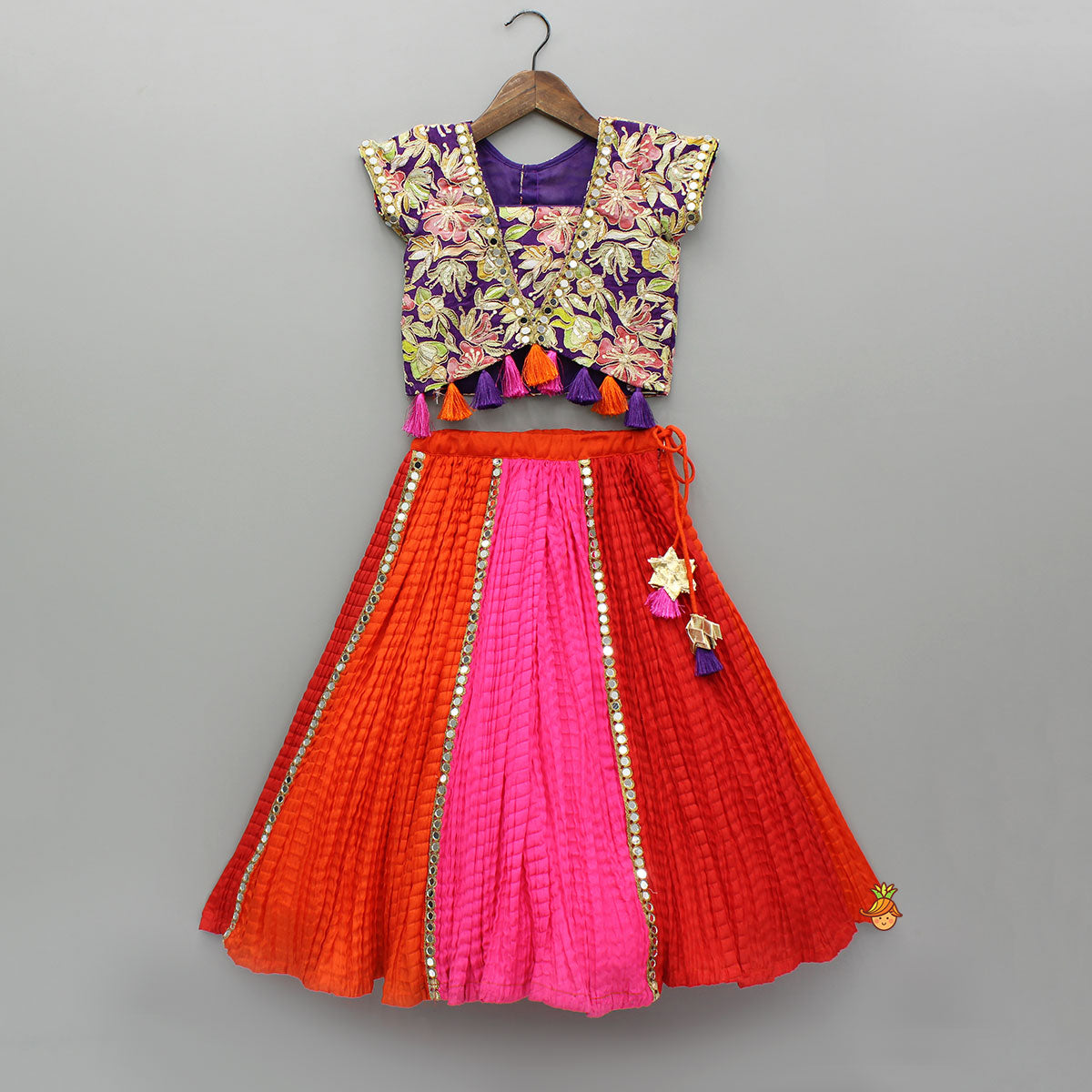 Pre Order: Multicolour Printed Embroidered Top And Colour Block Lehenga With Dupatta