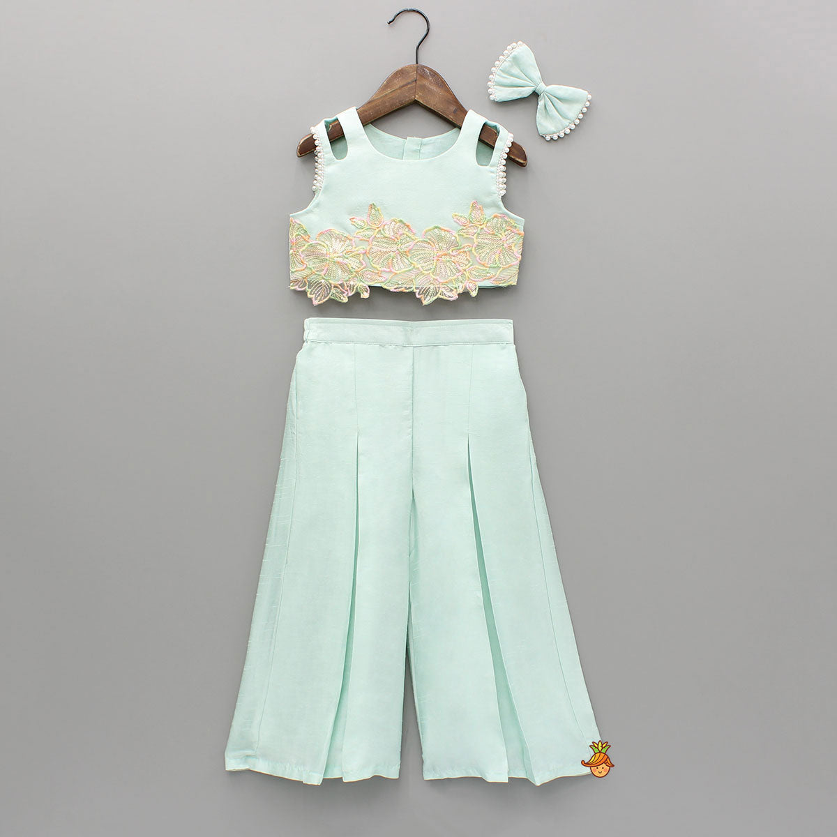 Pre Order: Embroidered Green Top And Pleated Palazzo With Matching Bow Hair Clip