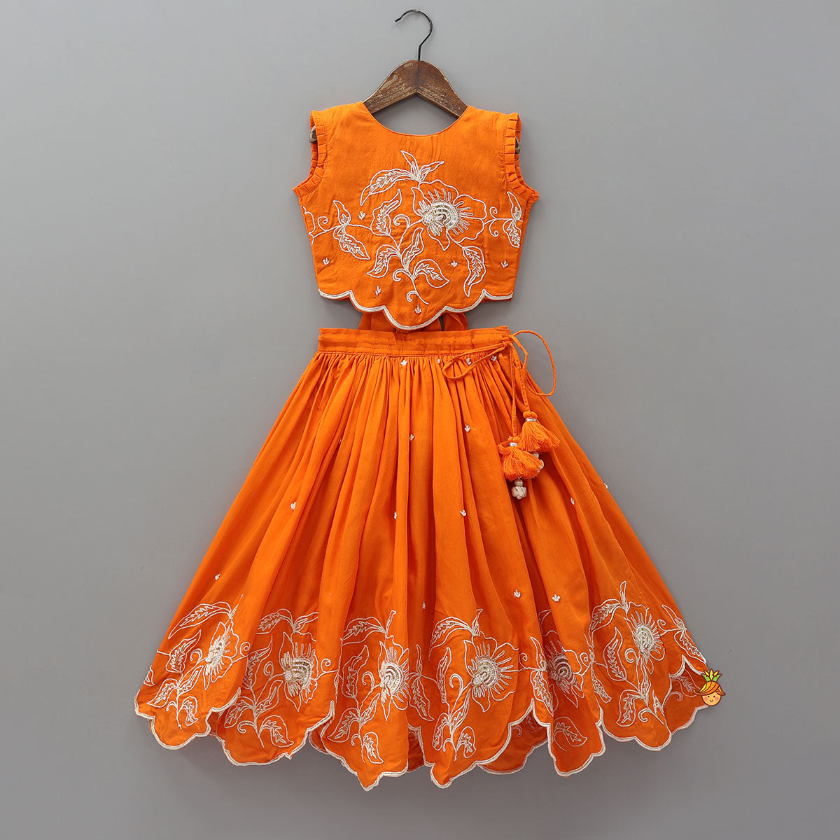 Pre Order: Orange Embroidered Dual Back Knot Detailed  Top And Lehenga With Scalloped Hem Detailing