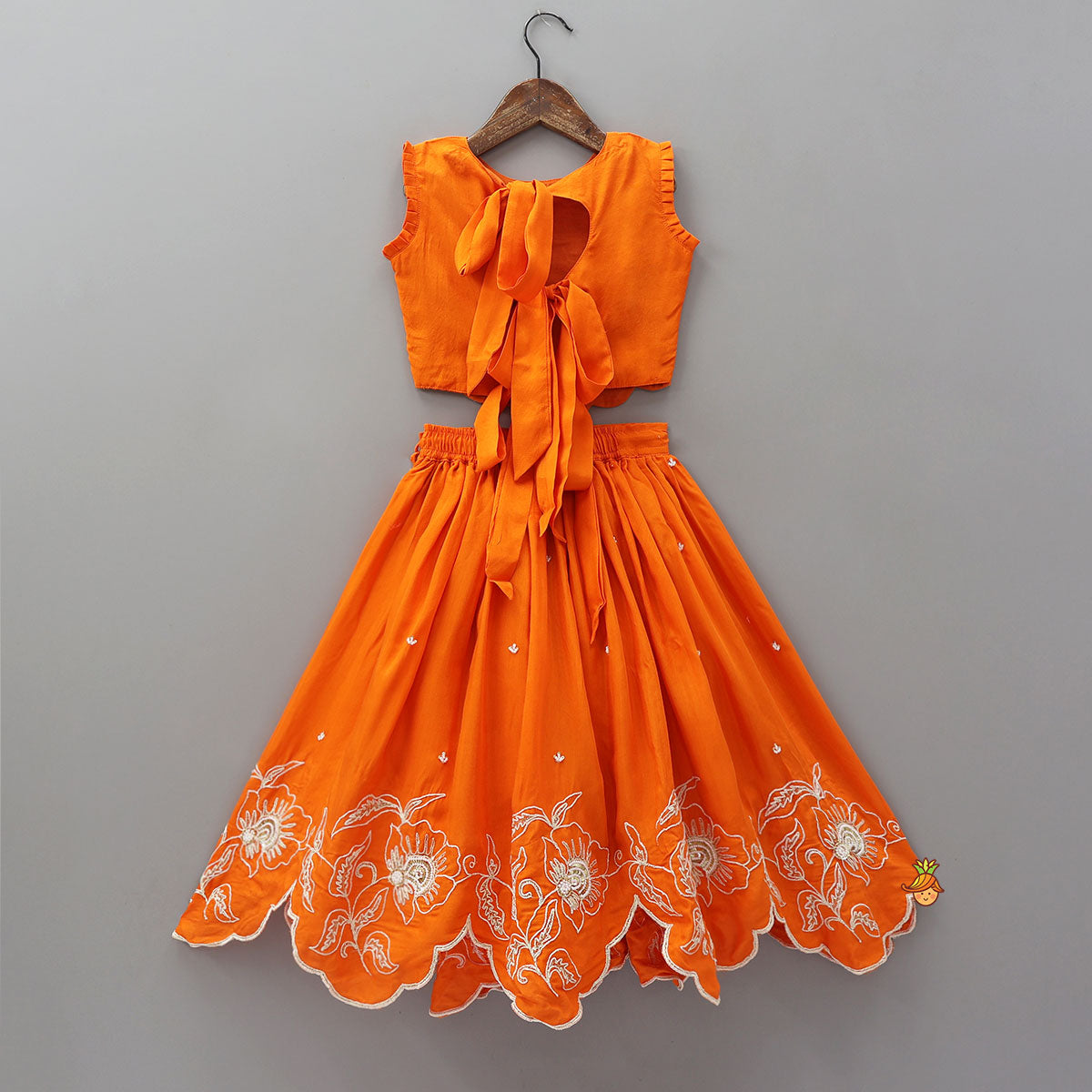 Pre Order: Orange Embroidered Dual Back Knot Detailed  Top And Lehenga With Scalloped Hem Detailing