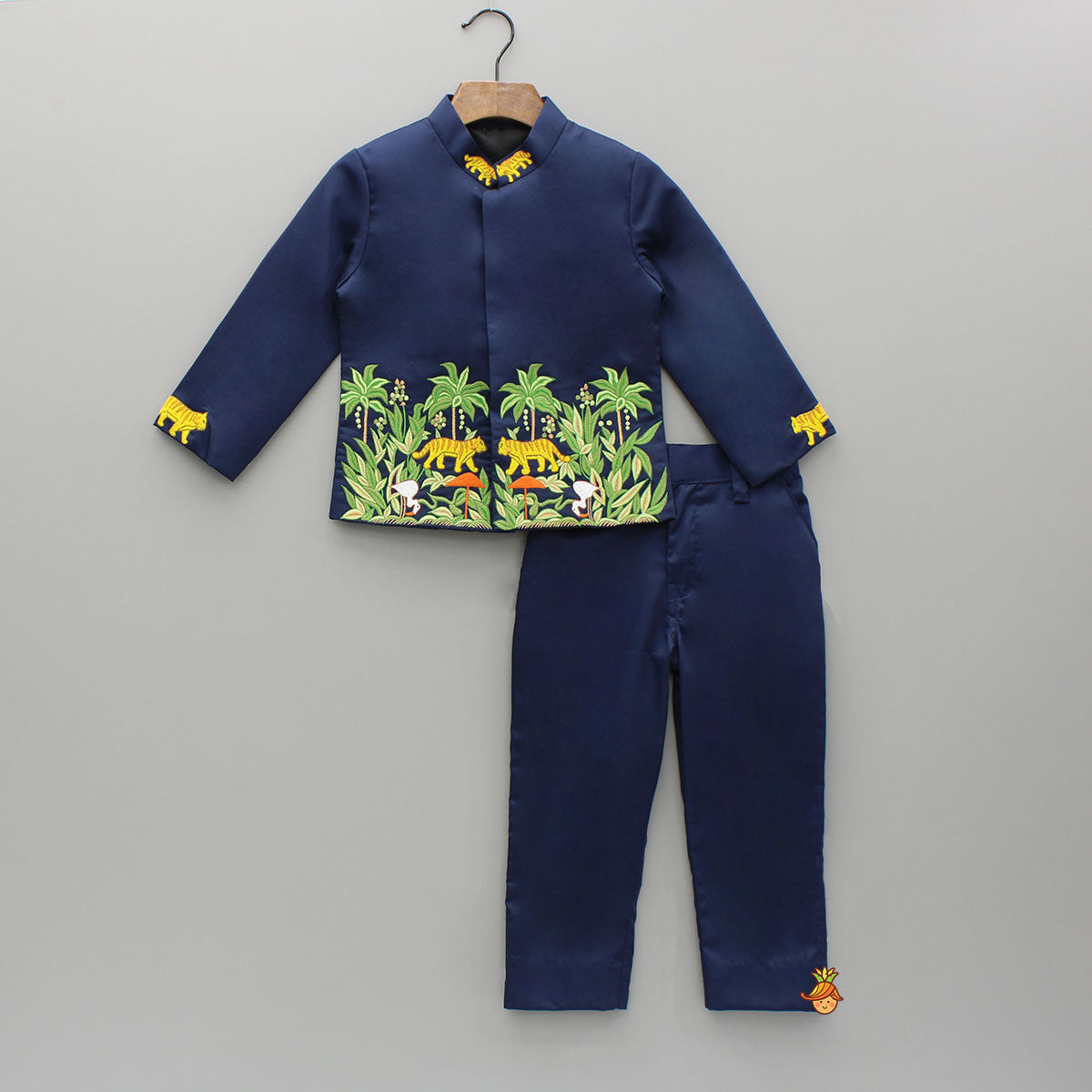 Pre Order: Jungle Theme Embroidered Blue Sherwani With Pant