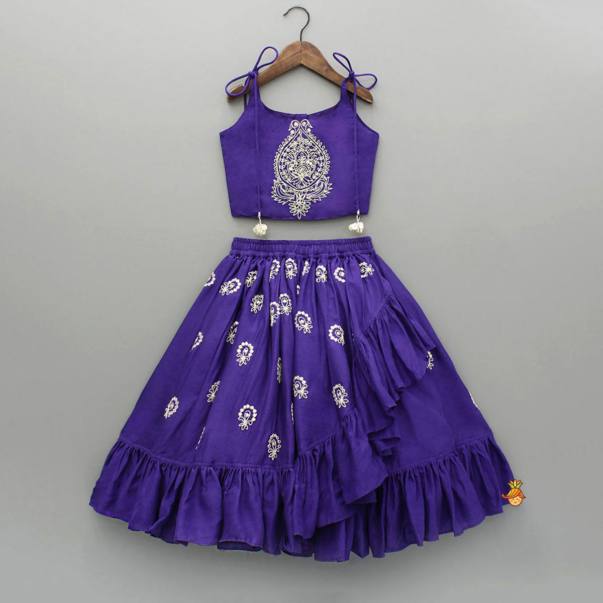 Pre Order: Dori Embroidered Purple Strappy Top And Stylish Layered Lehenga