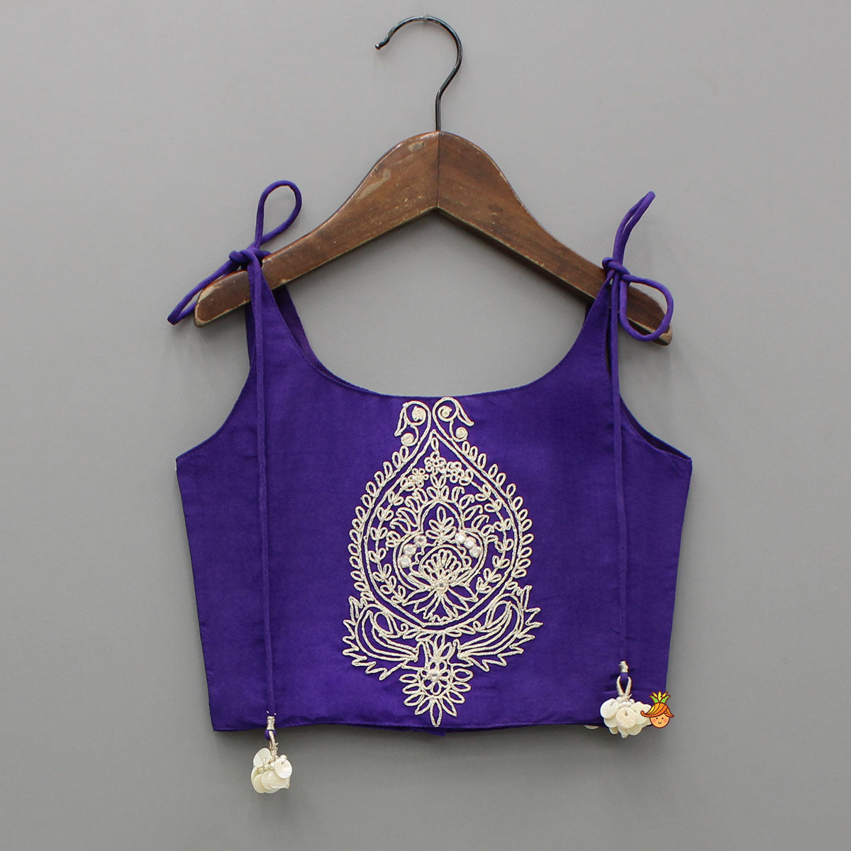 Pre Order: Dori Embroidered Purple Strappy Top And Stylish Layered Lehenga