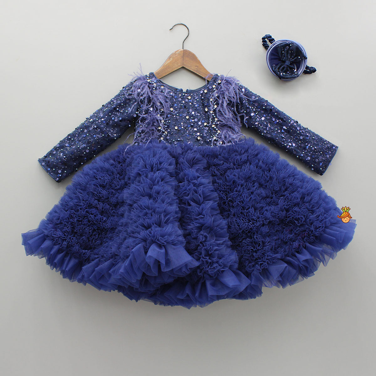 Pre Order: Sequins Embellished Ruffled Dress With Matching Swirled Bowie Headband