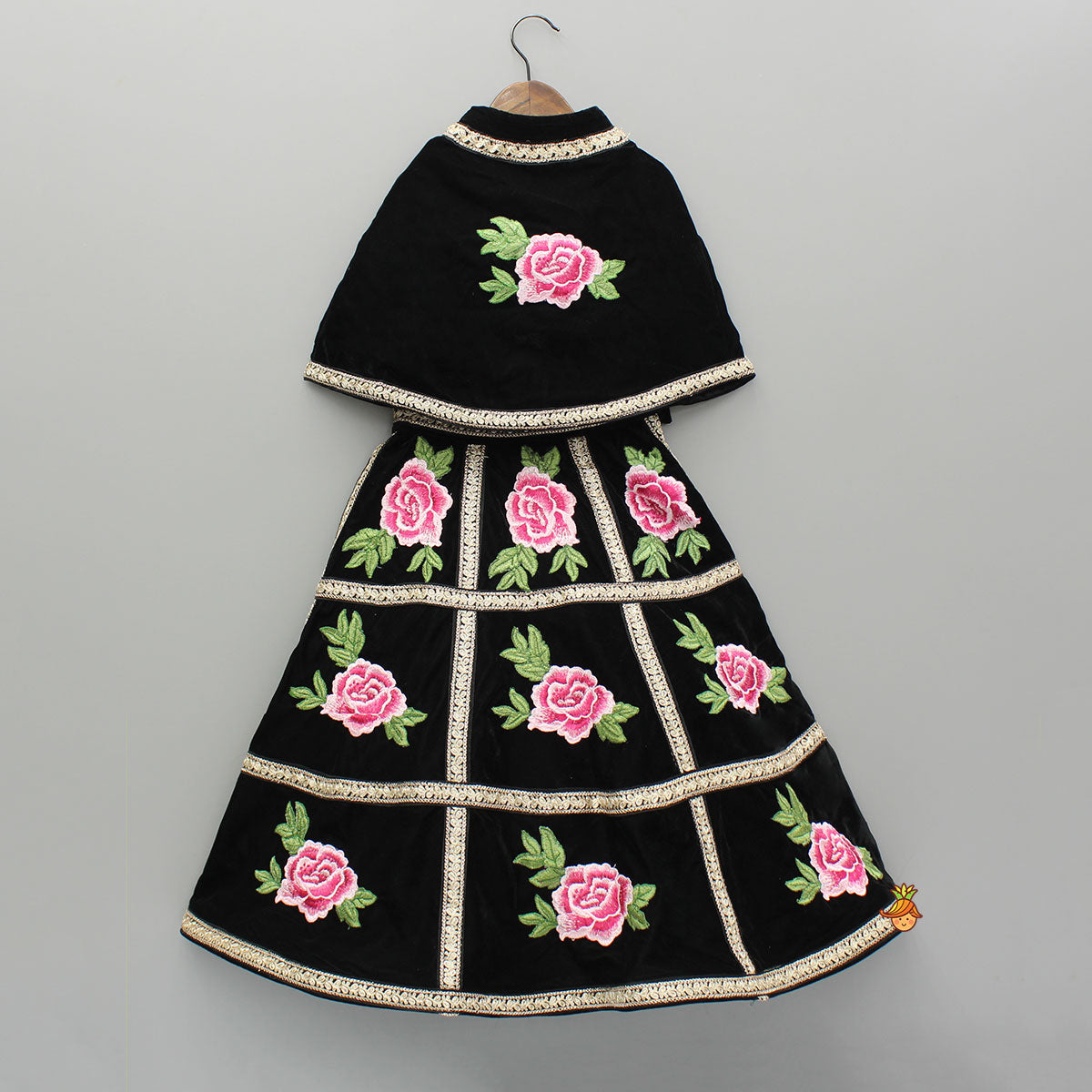 Pre Order: Black Velvet Embroidered Lace Detailed Strap Top With Cape And Lehenga