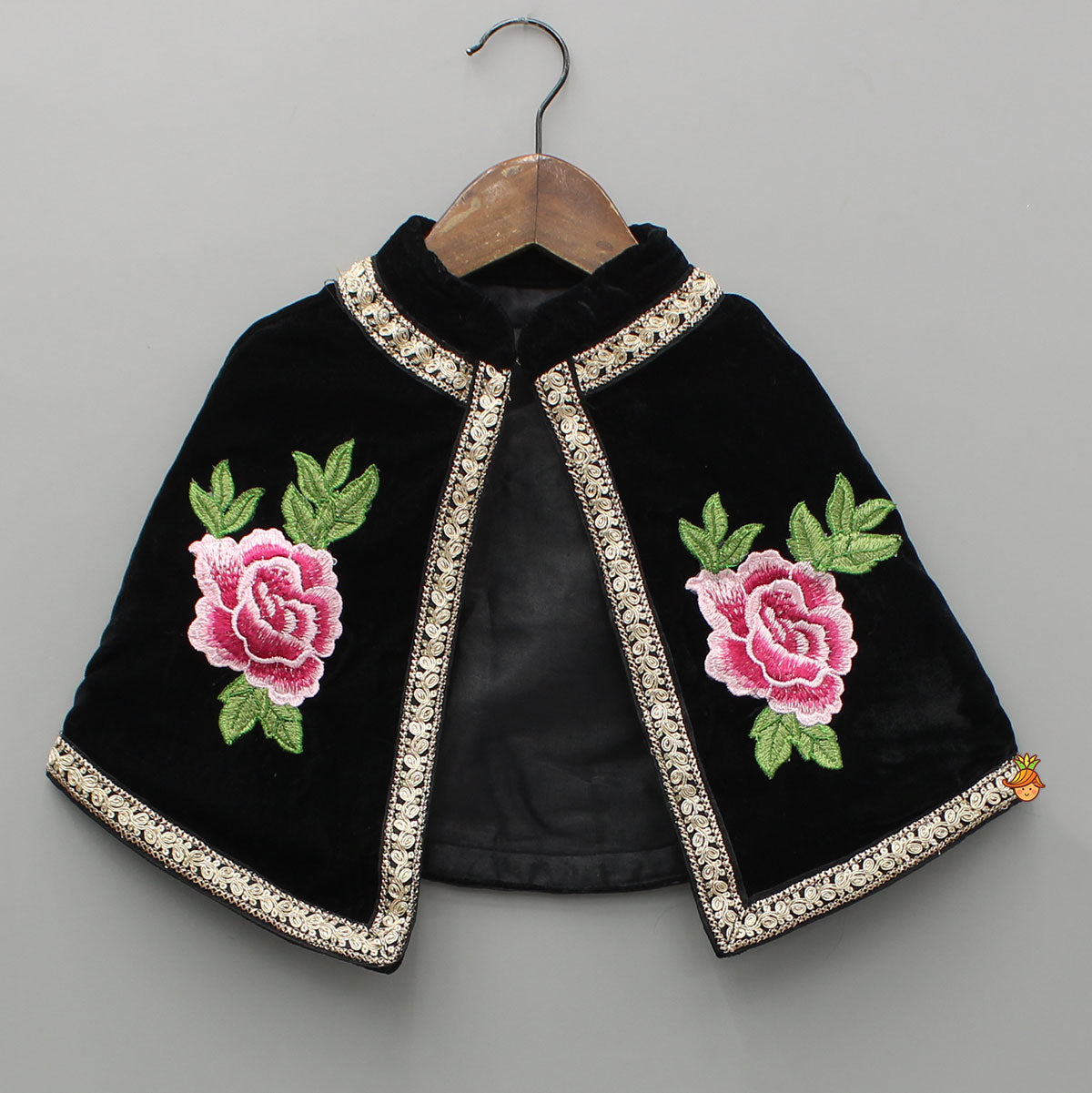 Pre Order: Black Velvet Embroidered Lace Detailed Strap Top With Cape And Lehenga