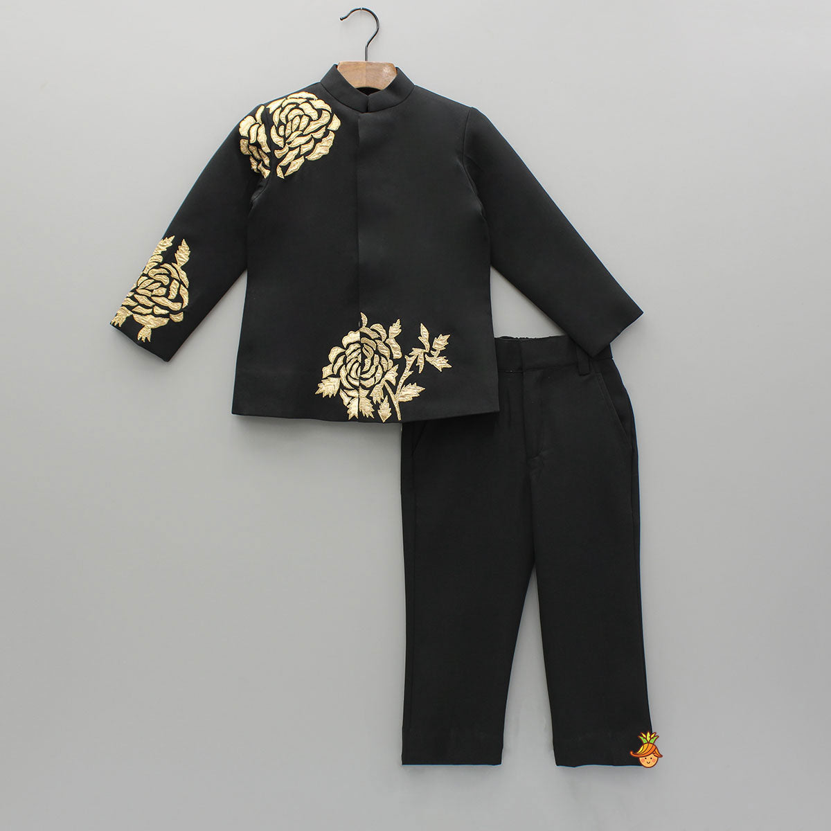 Pre Order: Black Embroidered Applique Work Sherwani And Pant