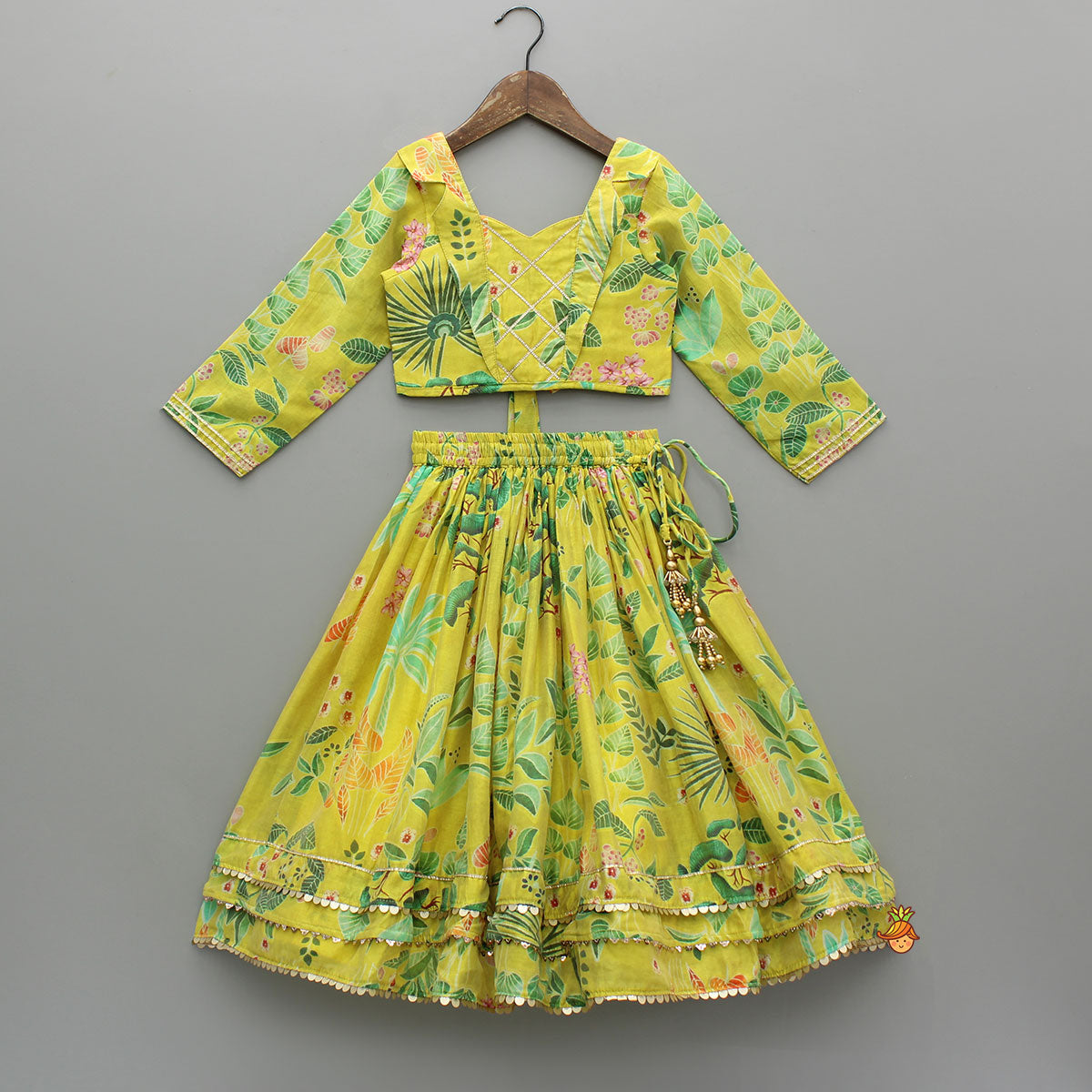 Pre Order: Green Multicolour Floral Printed Top And Lehenga