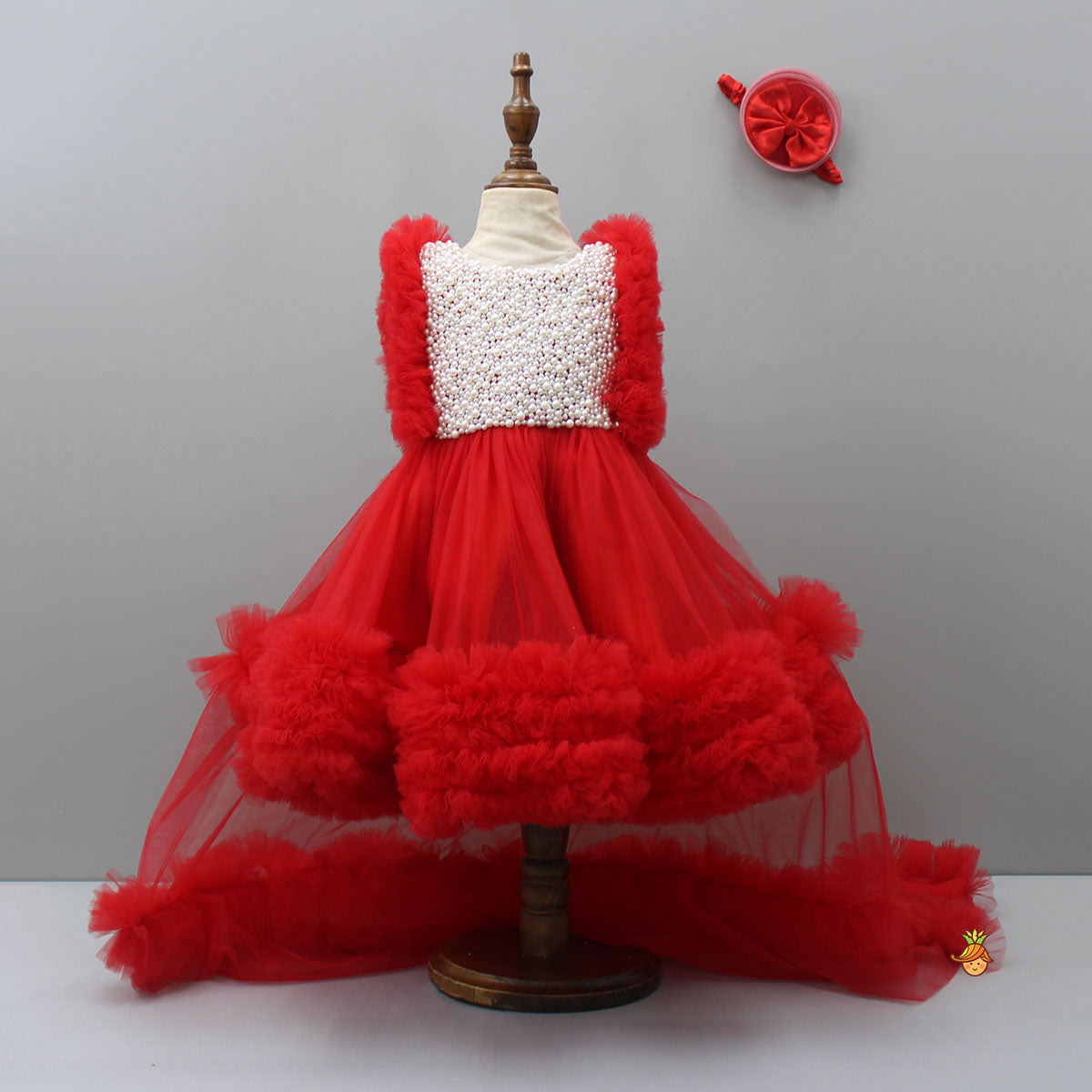 Pre Order: Embroidered Yoke Red Dress With Detachable Trial And Bow With Matching Swirled Bowie Headband