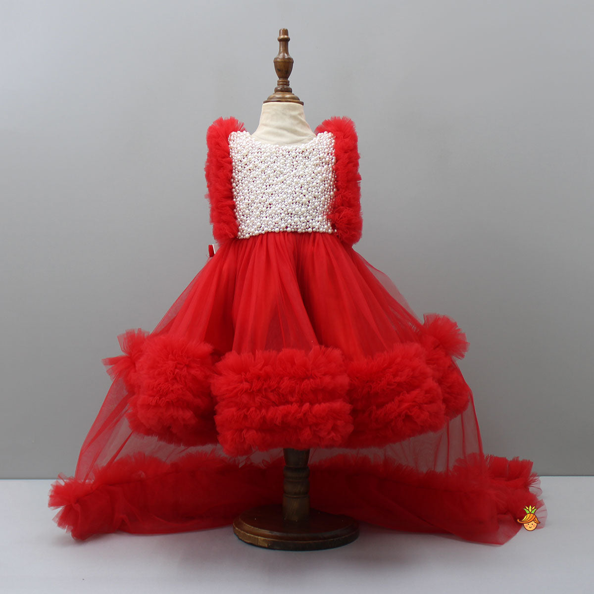 Pre Order: Embroidered Yoke Red Dress With Detachable Trial And Bow With Matching Swirled Bowie Headband