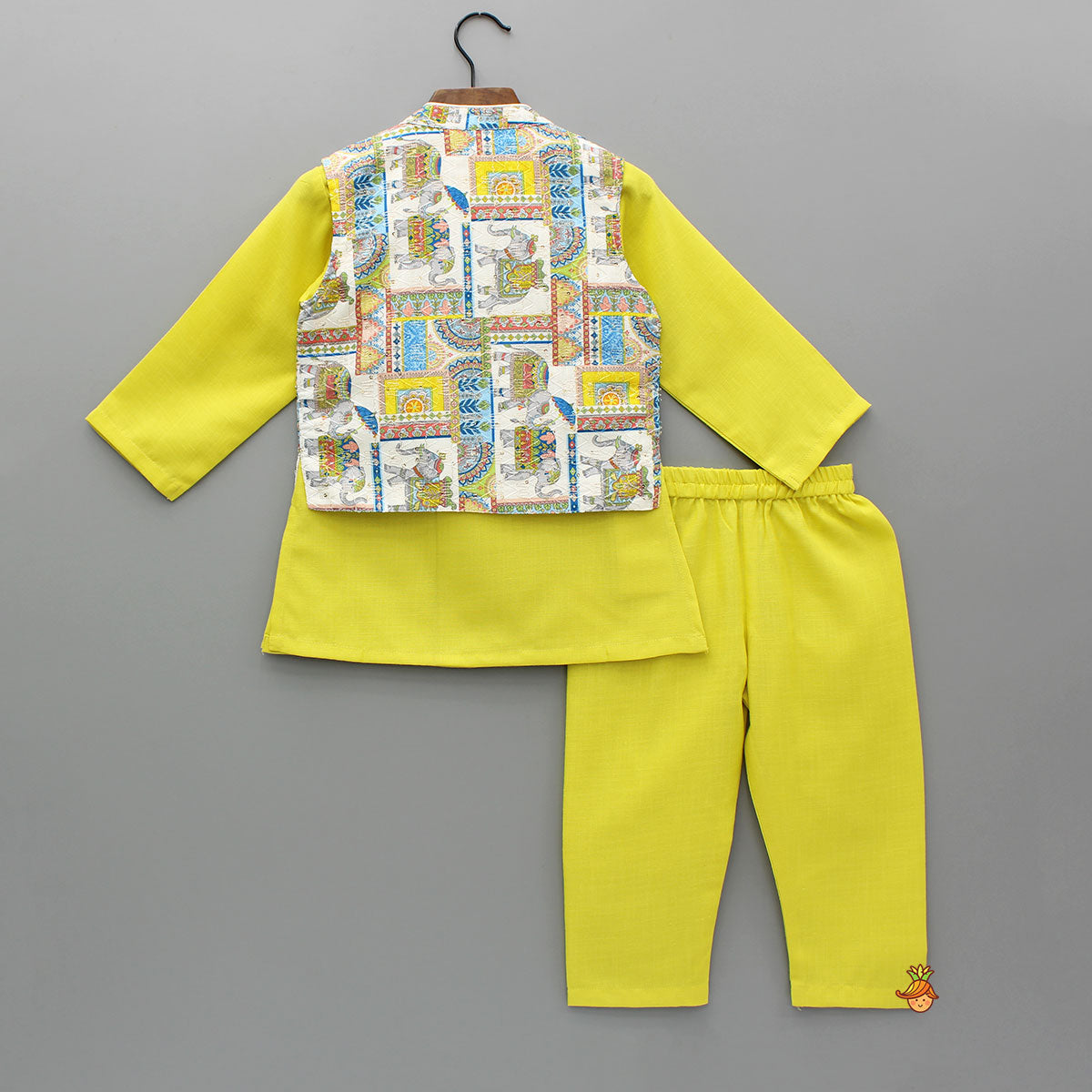 Yellow Kurta With Printed Embroidered Jacket And Pyjama