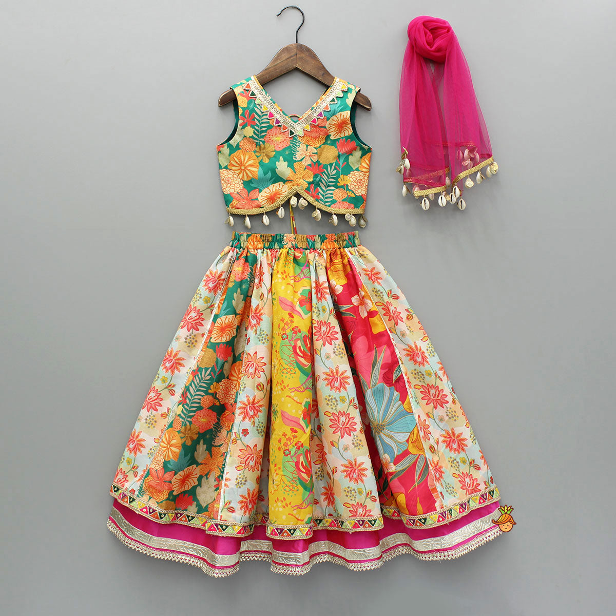 Pre Order: Multicolour Printed Top And Layered Lehenga With Dupatta