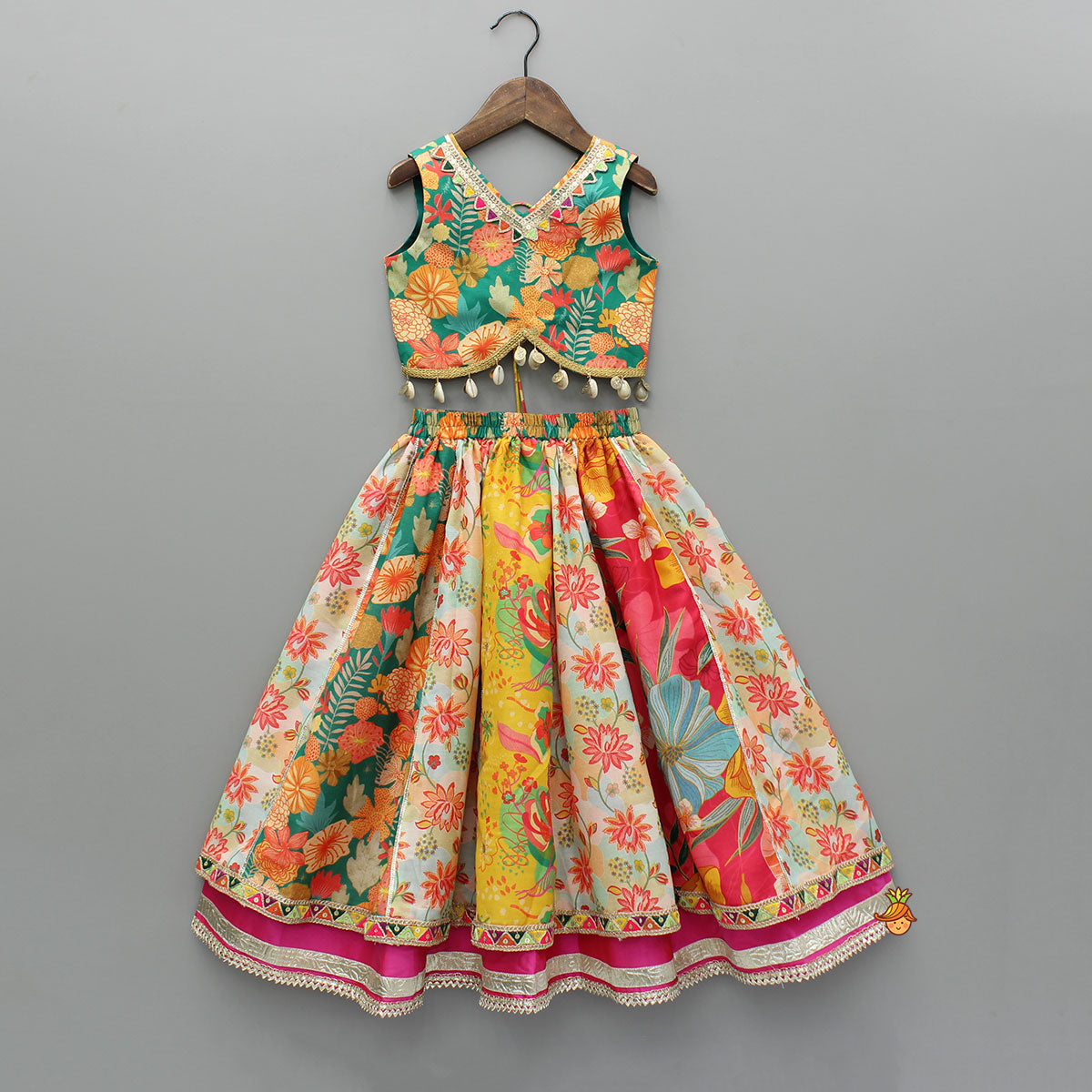 Pre Order: Multicolour Printed Top And Layered Lehenga With Dupatta