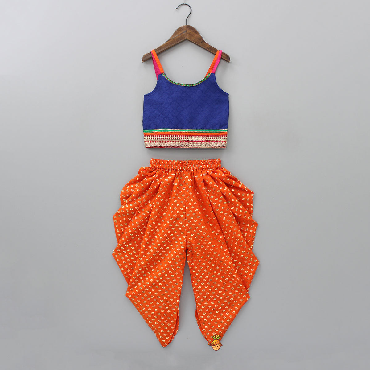 Dark Blue Top And Orange Dhoti