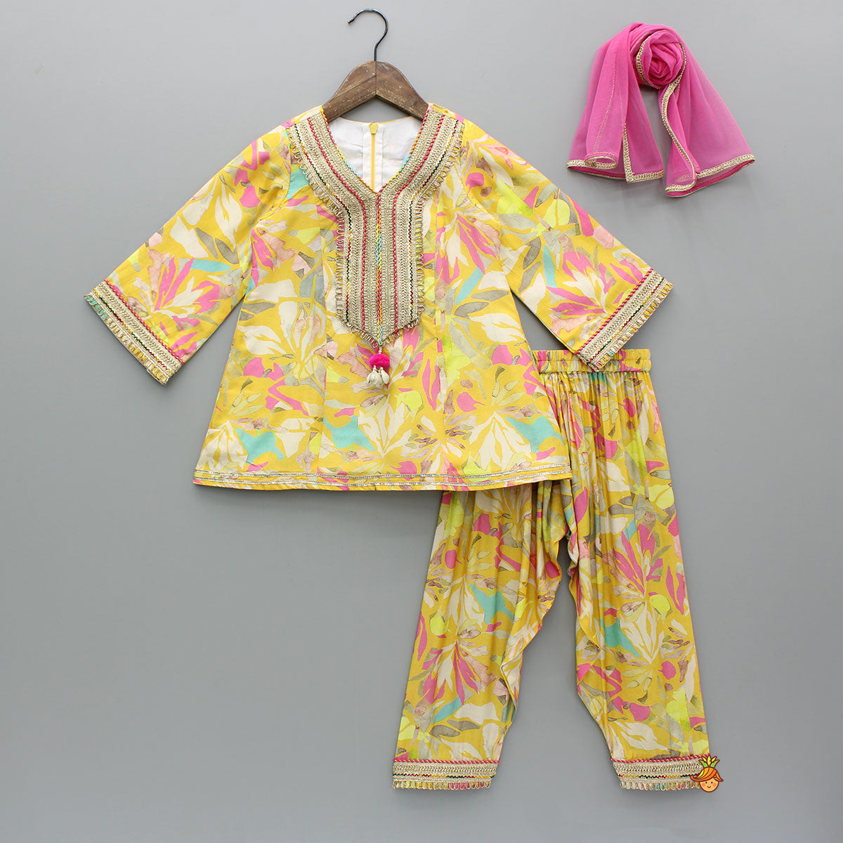 Pre Order: Yellow Multicoloured Printed Kurti And Salwar With Dupatta