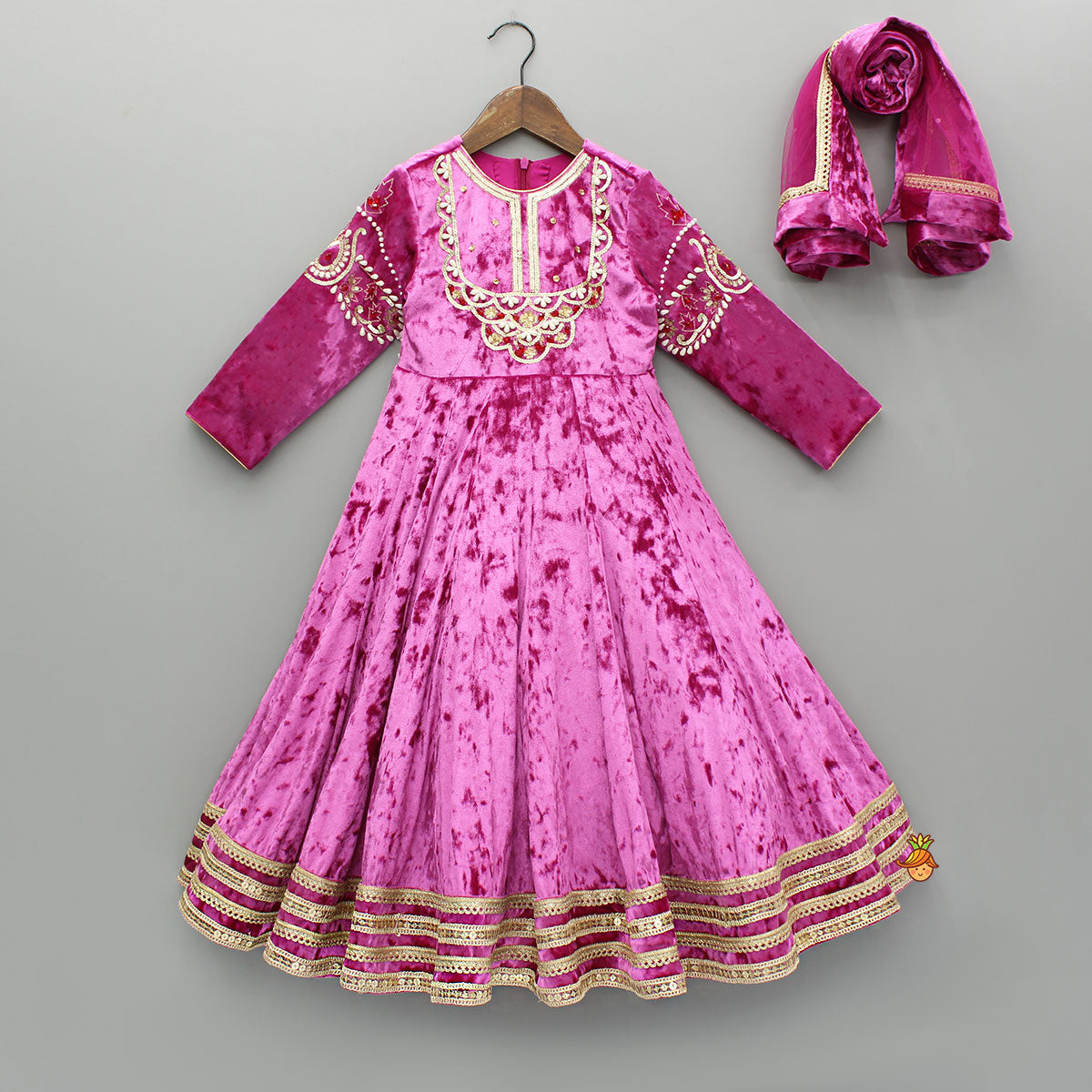 Pre Order: Pink Velvet Embroidered And Embellished Anarkali With Dupatta