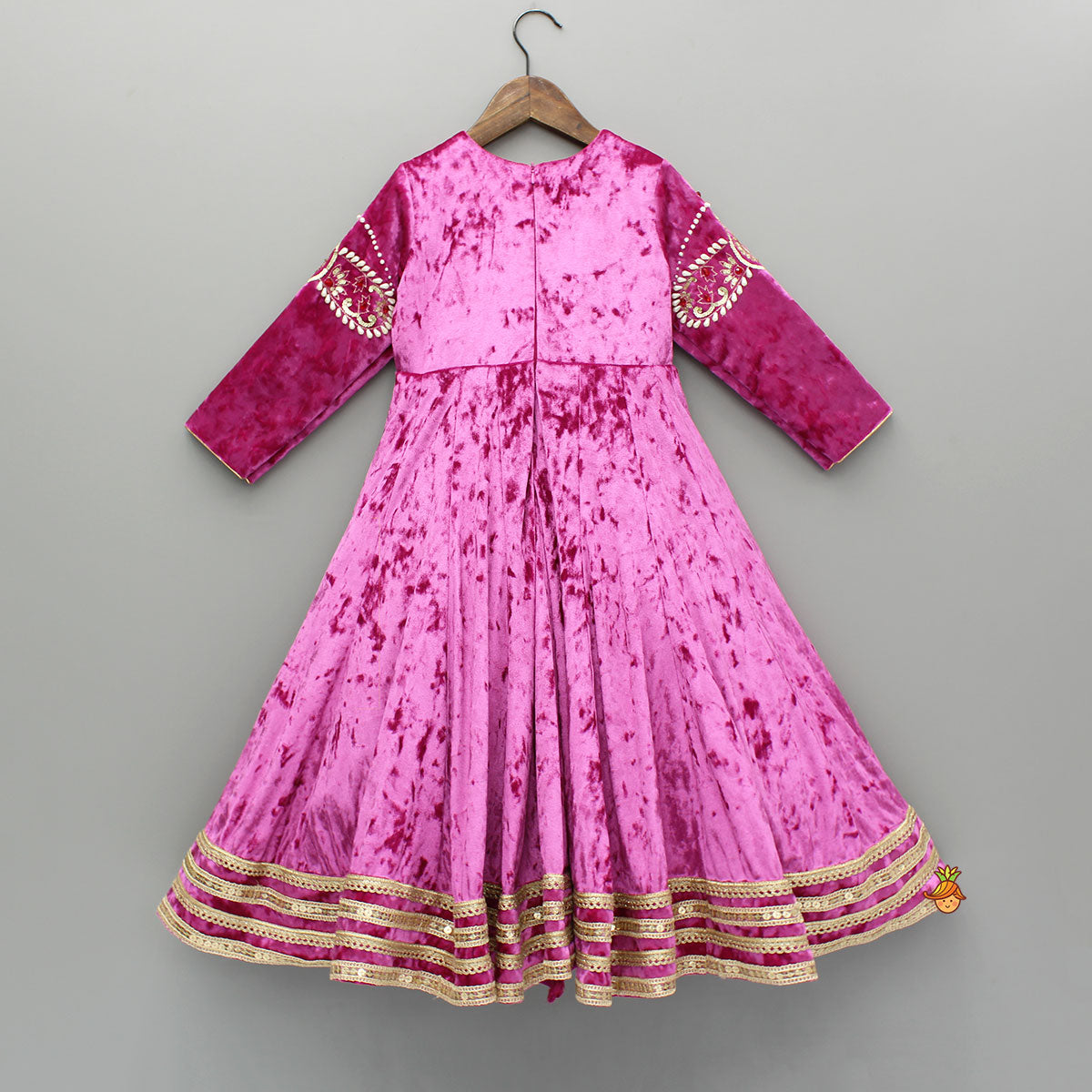 Pre Order: Pink Velvet Embroidered And Embellished Anarkali With Dupatta