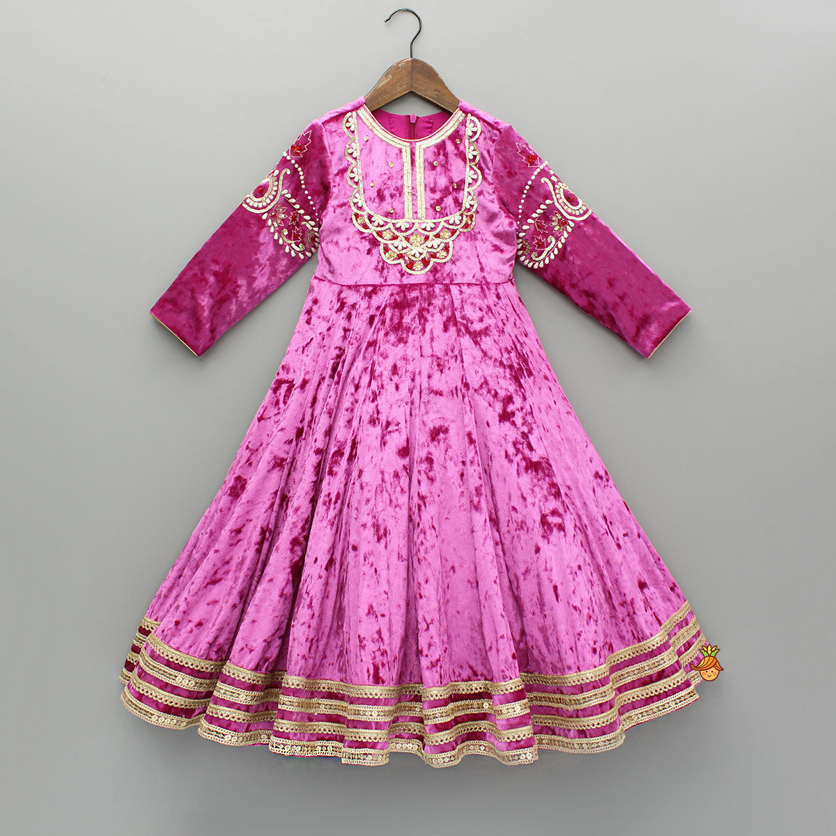 Pre Order: Pink Velvet Embroidered And Embellished Anarkali With Dupatta