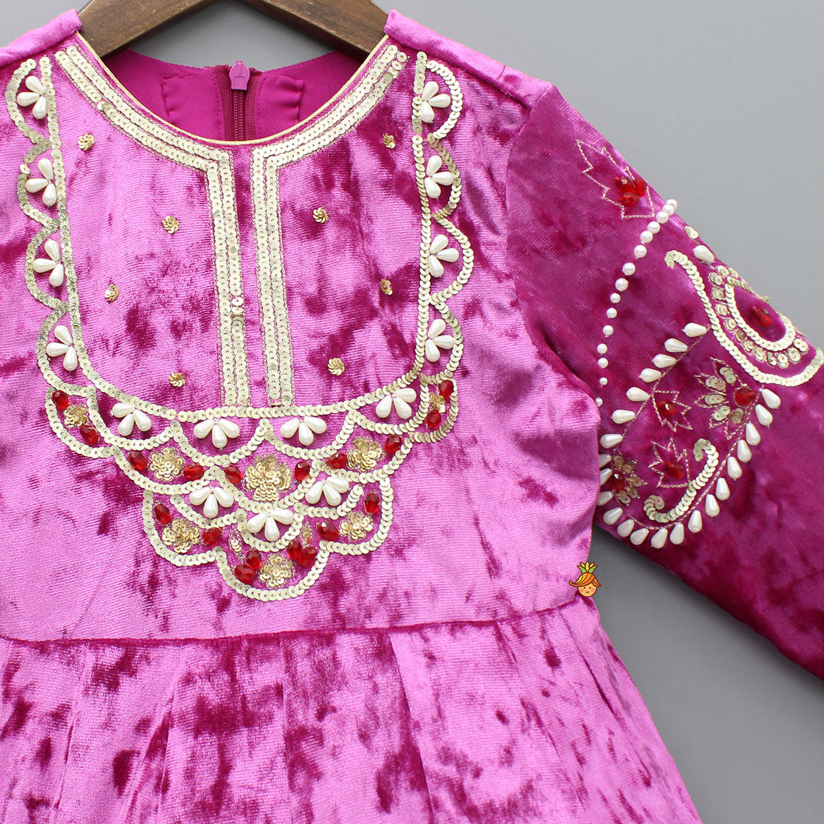 Pre Order: Pink Velvet Embroidered And Embellished Anarkali With Dupatta