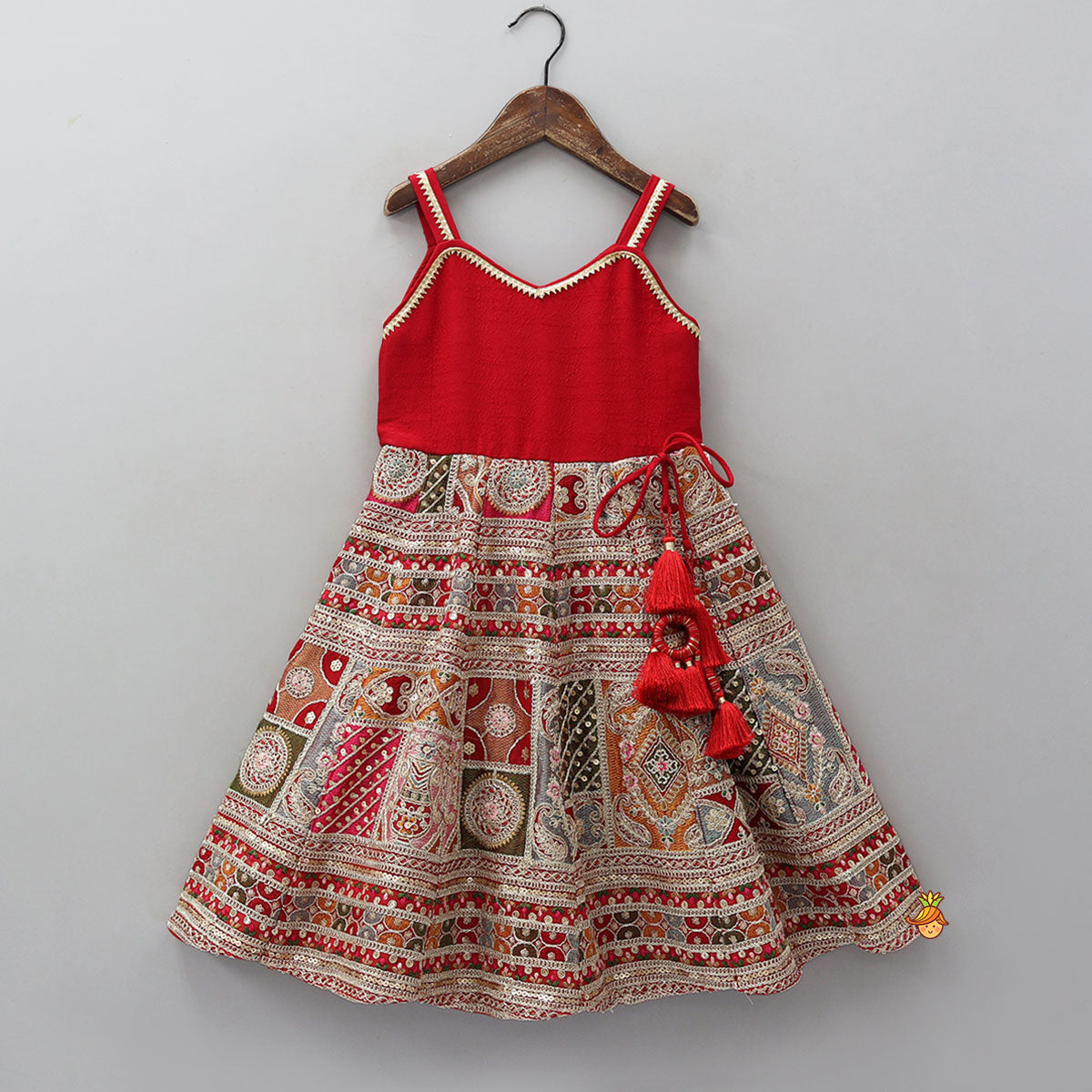 Pre Order: Red Strappy Heavy Embroidered Kurti With Matching Embroidered Jacket