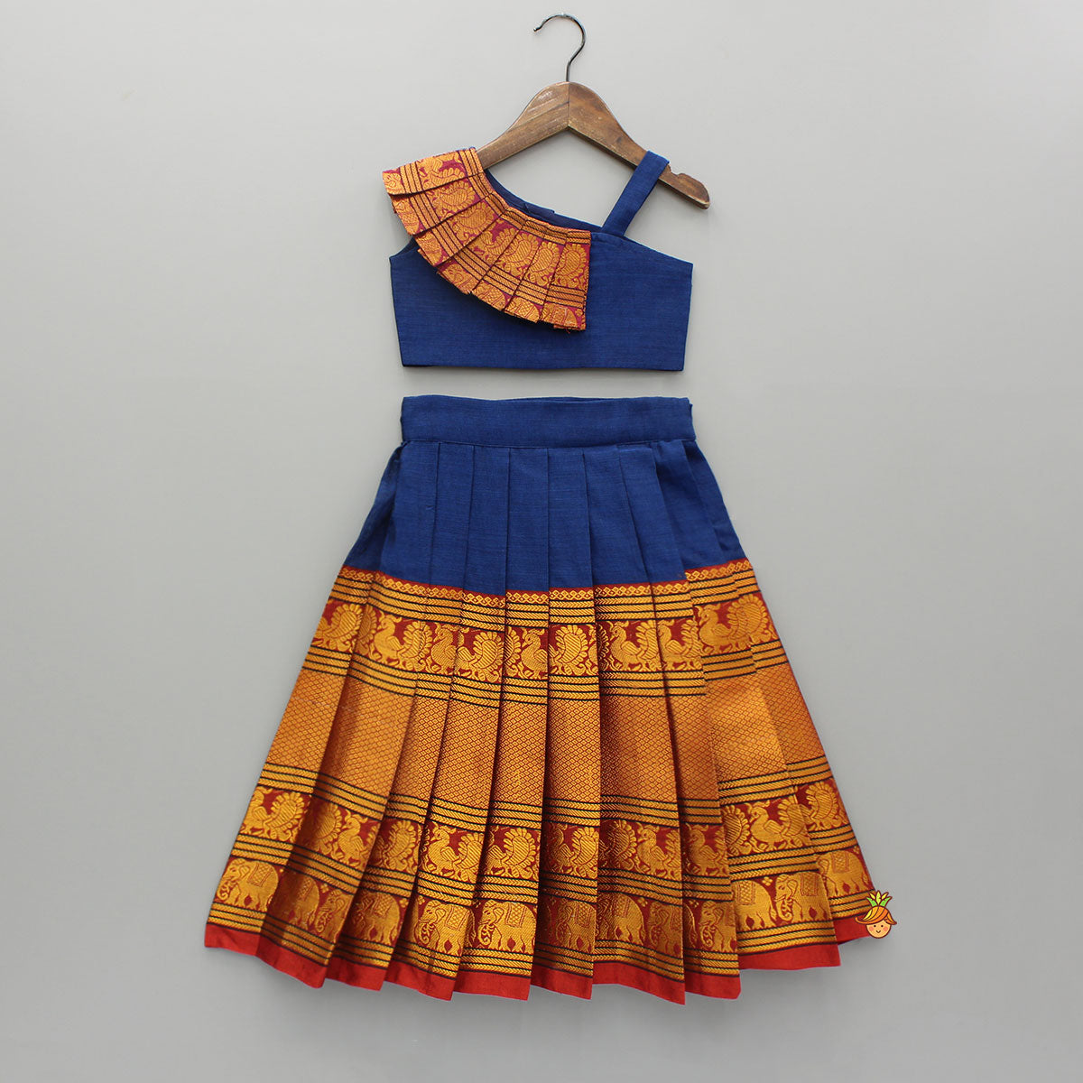 Pre Order: Blue One Shoulder Pleats Detailed Top And Pleated Lehenga