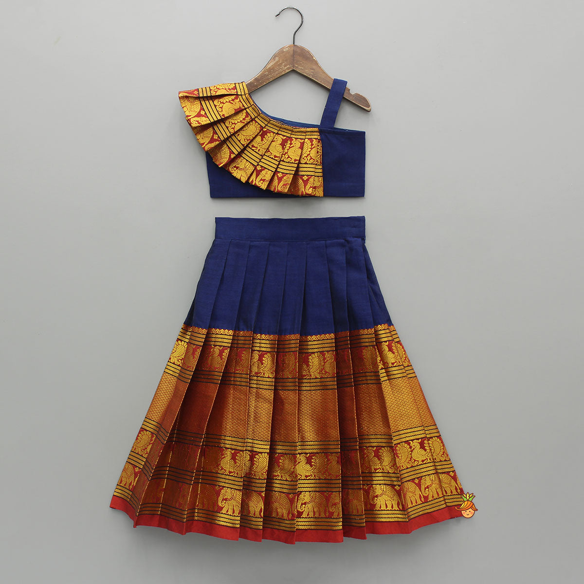 Pre Order: Blue One Shoulder Pleats Detailed Top And Pleated Lehenga
