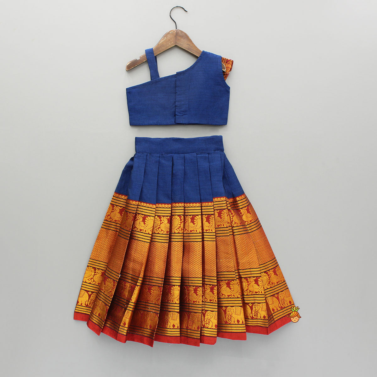 Pre Order: Blue One Shoulder Pleats Detailed Top And Pleated Lehenga