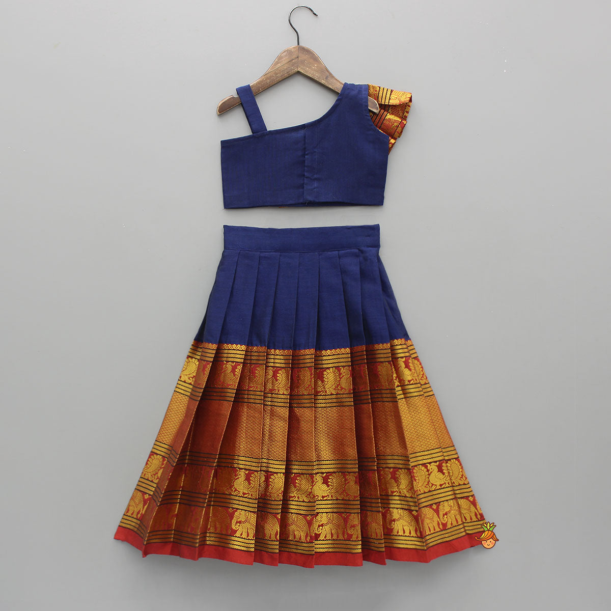 Pre Order: Blue One Shoulder Pleats Detailed Top And Pleated Lehenga
