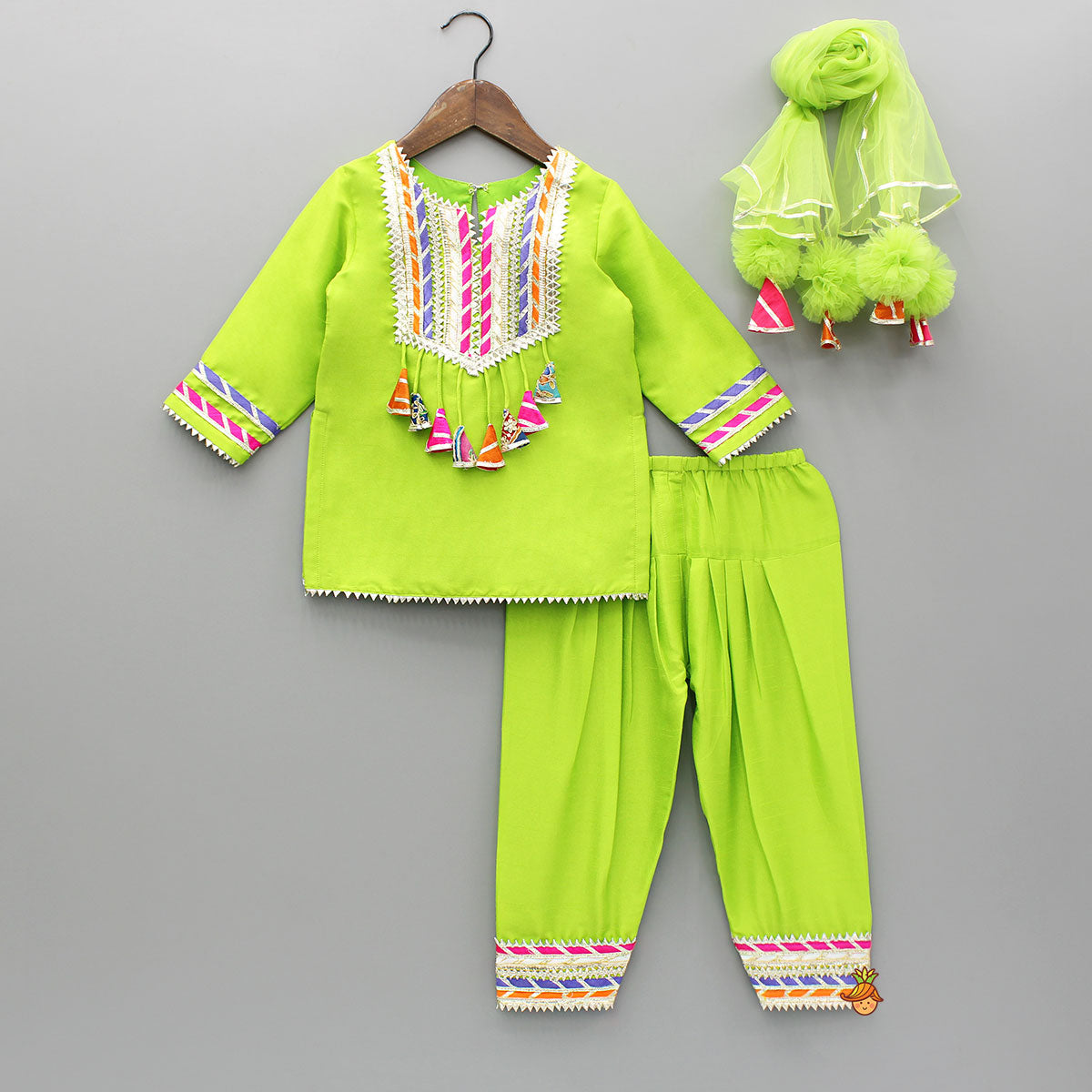 Pre Order: Green Gota Lace Work Kurti And Salwar With Matching Dupatta