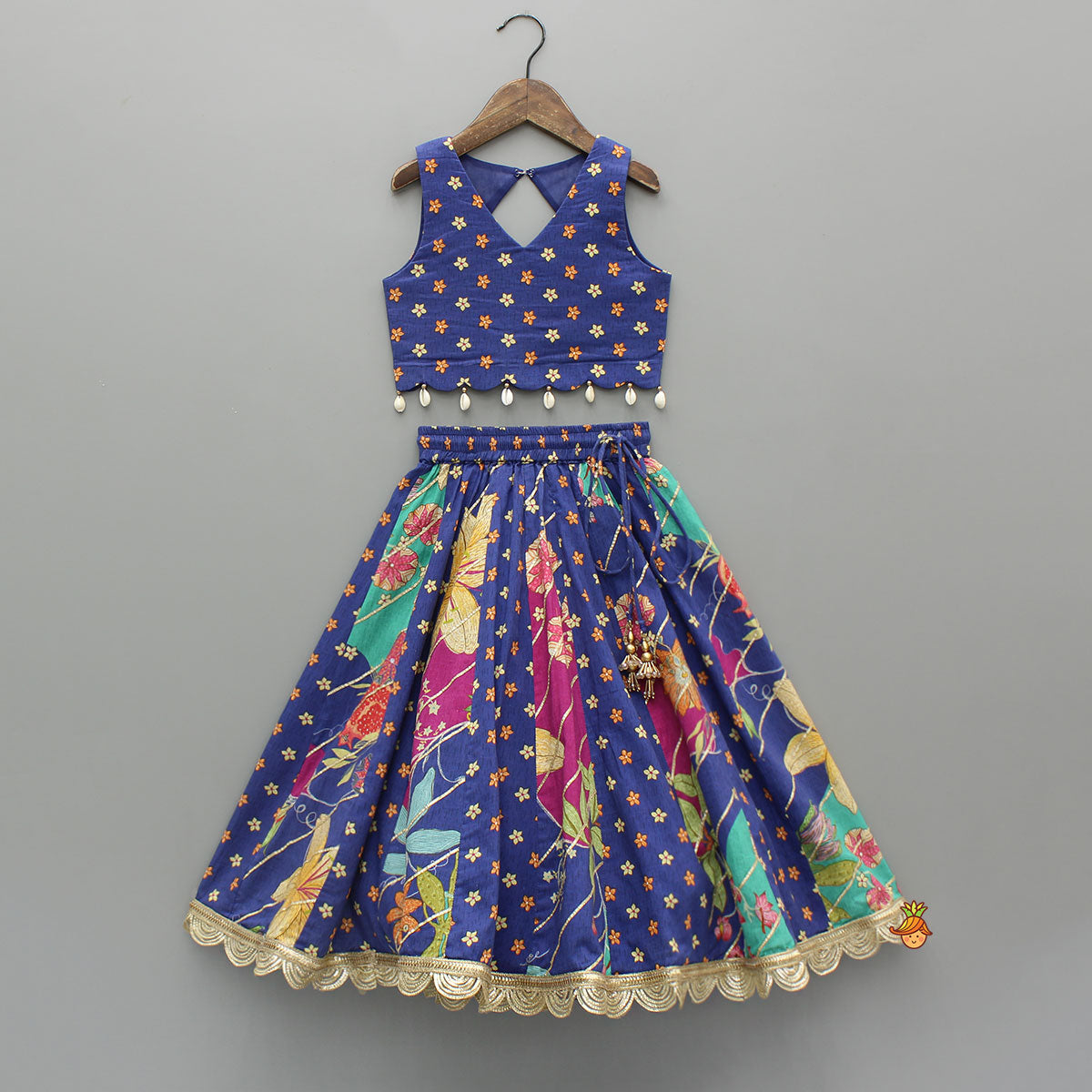 Pre Order: Floral Printed Embellished Top And Gota Lace Work Lehenga