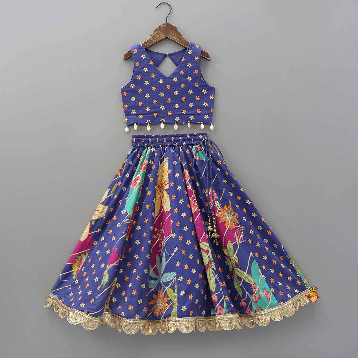 Pre Order: Floral Printed Embellished Top And Gota Lace Work Lehenga
