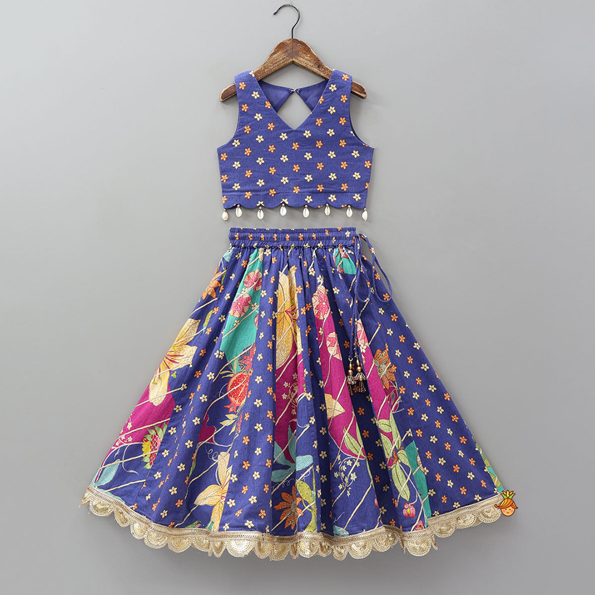 Pre Order: Floral Printed Embellished Top And Gota Lace Work Lehenga
