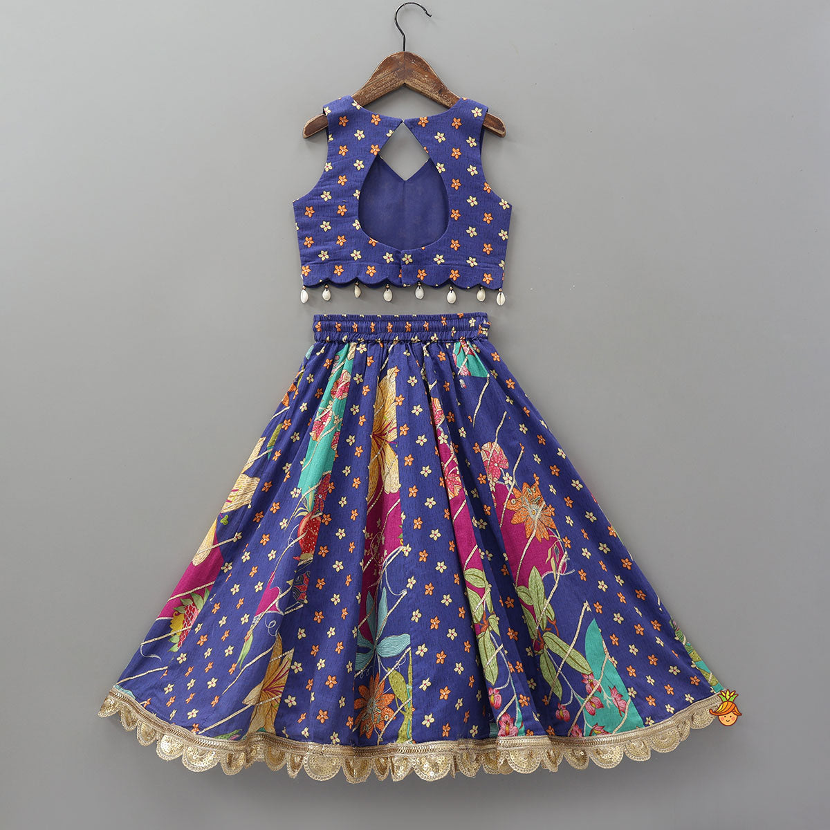 Pre Order: Floral Printed Embellished Top And Gota Lace Work Lehenga
