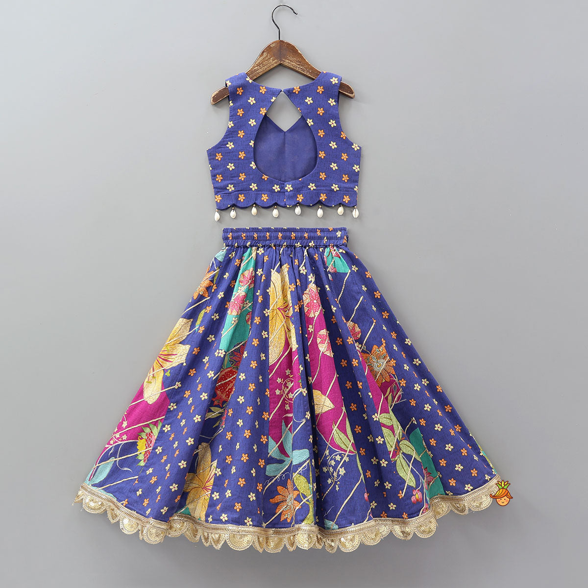 Pre Order: Floral Printed Embellished Top And Gota Lace Work Lehenga