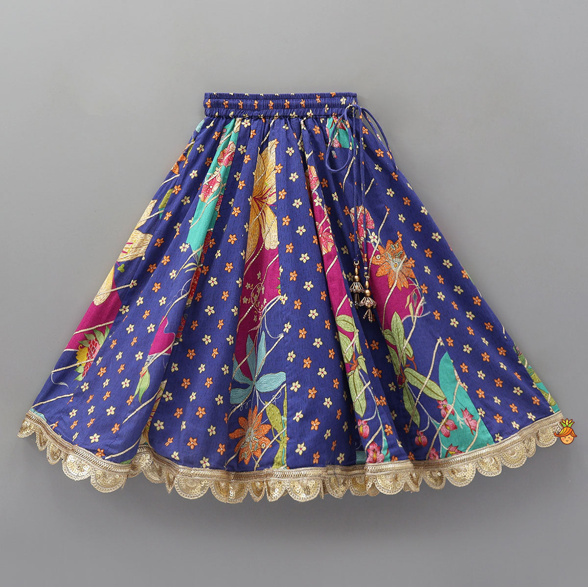 Pre Order: Floral Printed Embellished Top And Gota Lace Work Lehenga